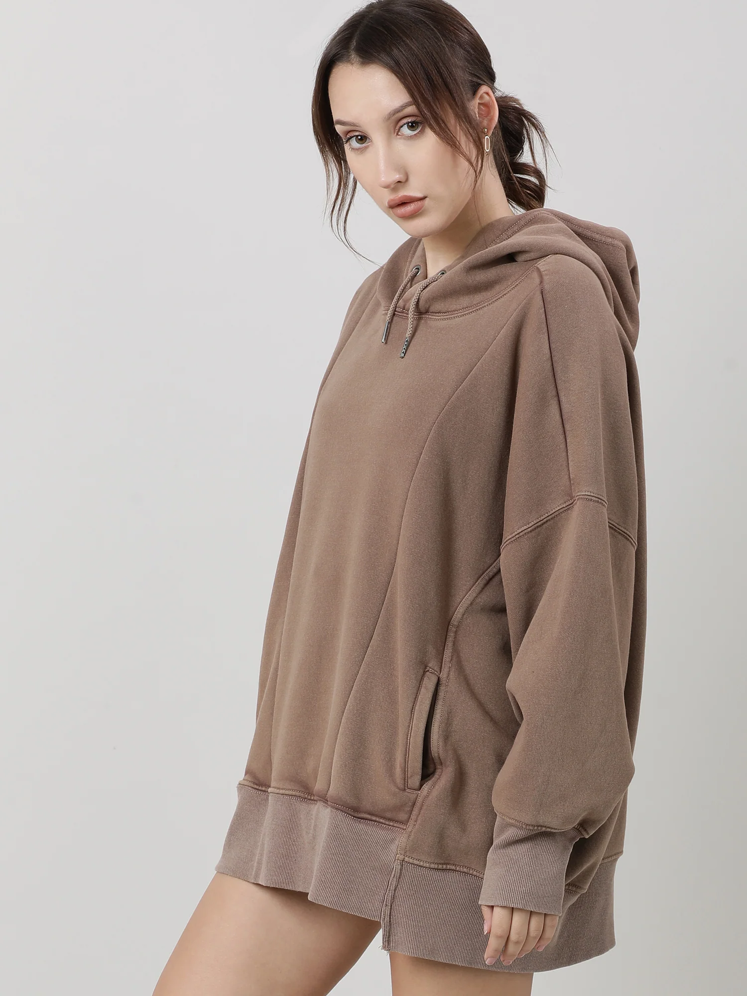 Women Oversized Drop Shoulder Brown Hoodie - Image 2