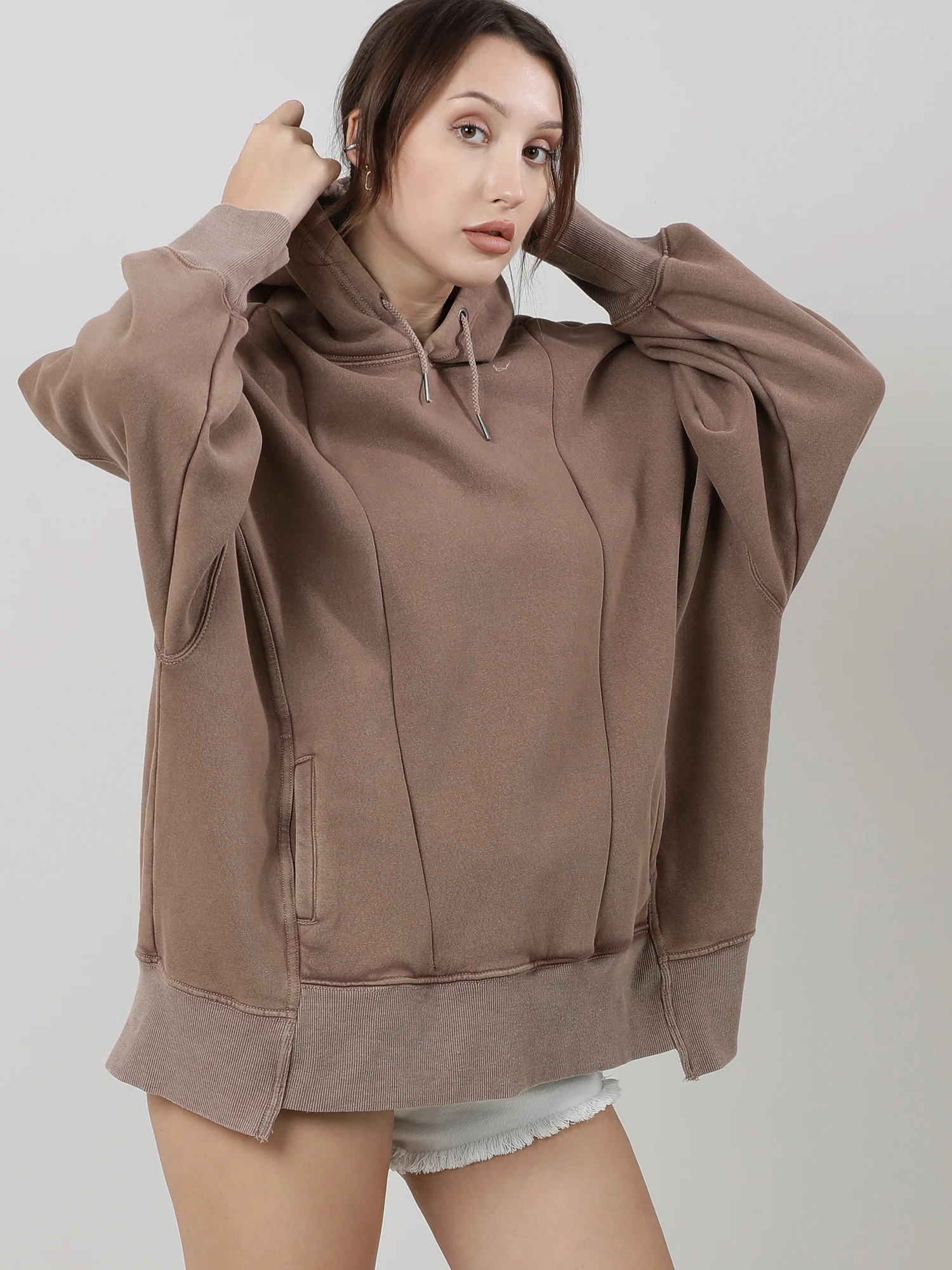 Women Oversized Drop Shoulder Brown Hoodie - Image 5