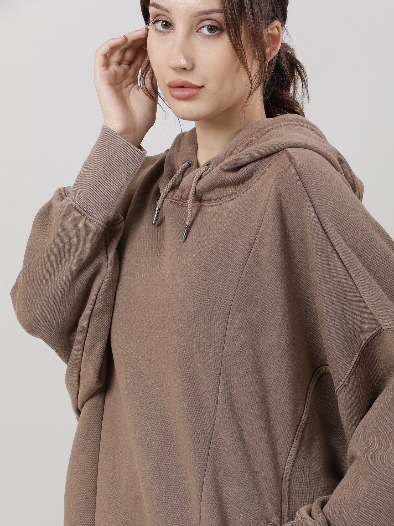 Women Oversized Drop Shoulder Brown Hoodie - Image 6