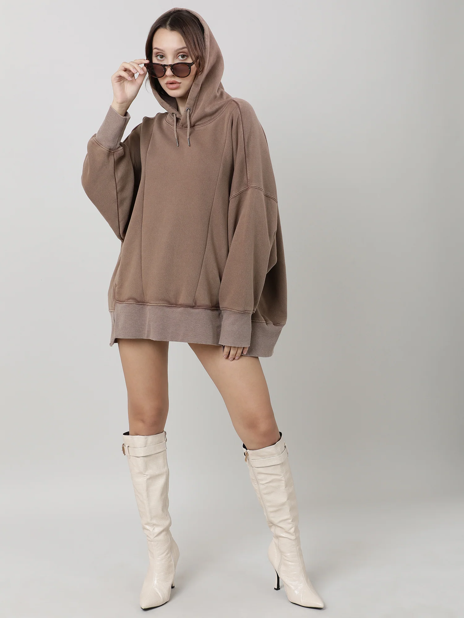 Women Oversized Drop Shoulder Brown Hoodie - Image 7