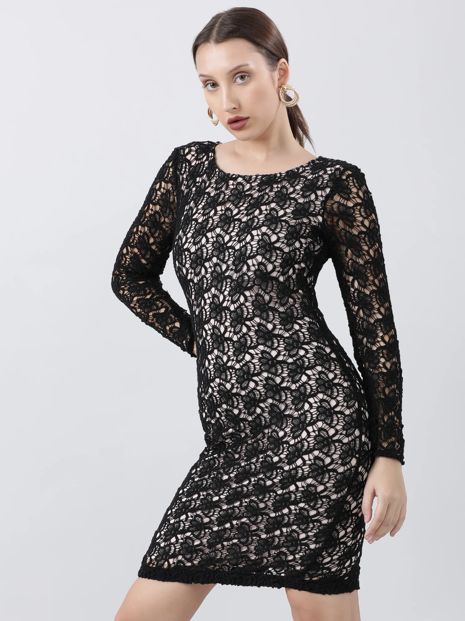 Women Slim Fit Lace A Line Black Dress With Full Sleeves - Image 4