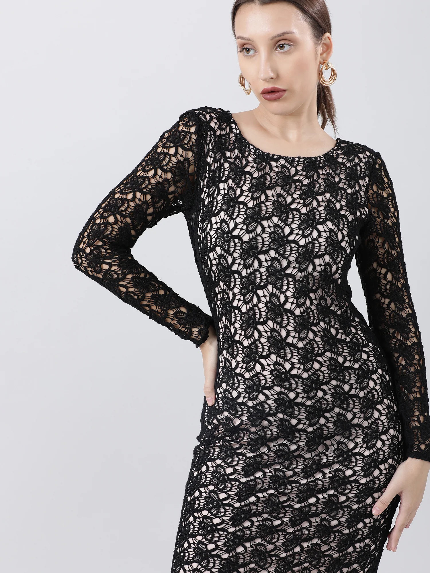 Women Slim Fit Lace A Line Black Dress With Full Sleeves - Image 5