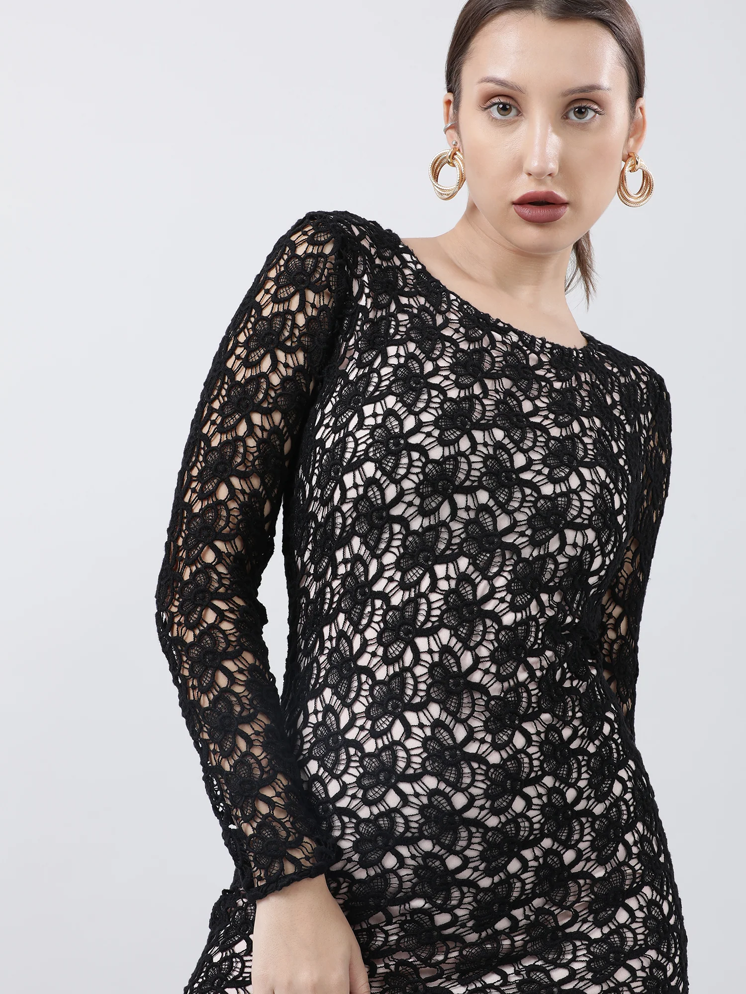 Women Slim Fit Lace A Line Black Dress With Full Sleeves - Image 6