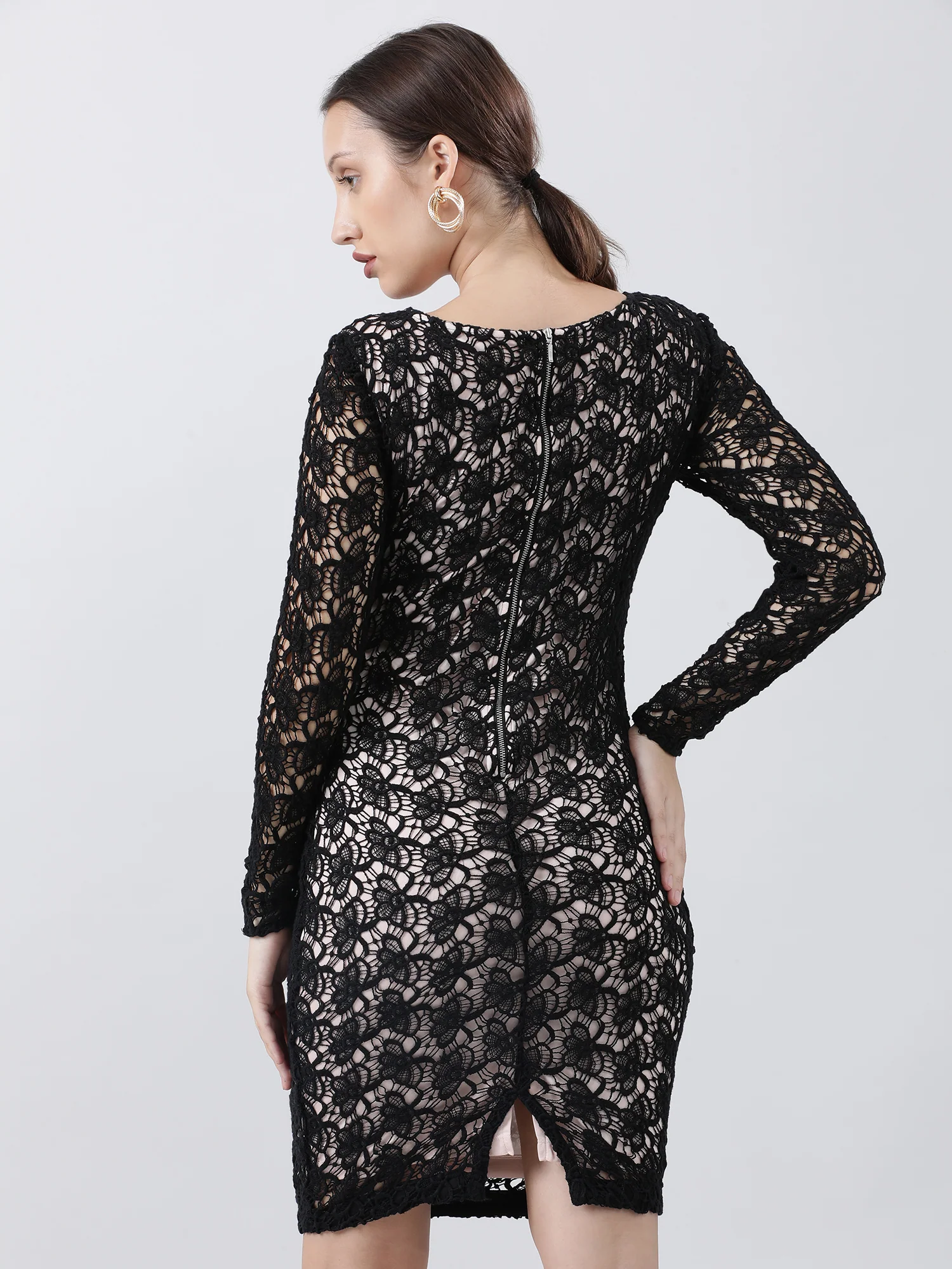Women Slim Fit Lace A Line Black Dress With Full Sleeves - Image 7