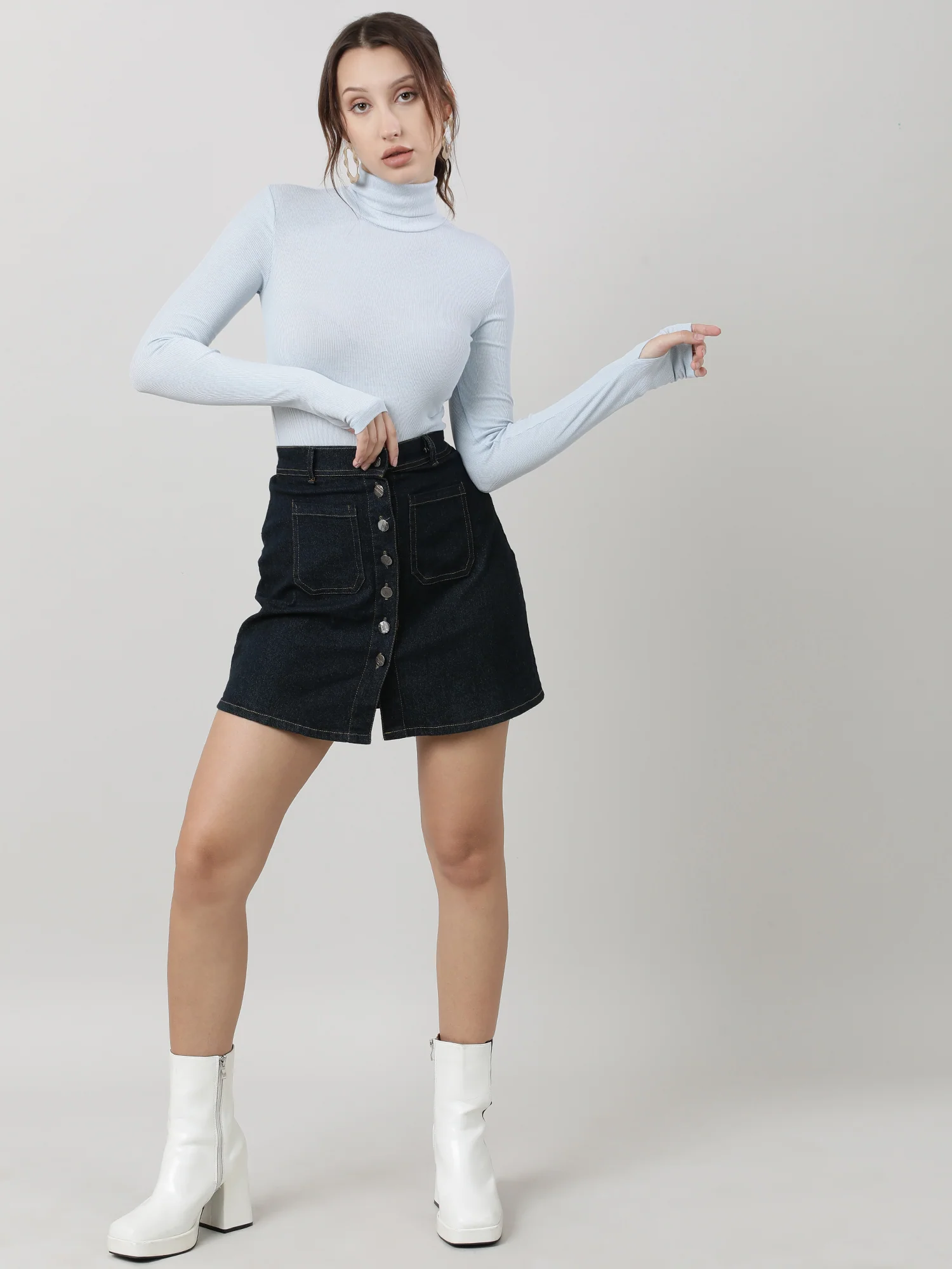 Women Slim Fit Light Blue High Neck Ribbed Bodysuit - Image 7