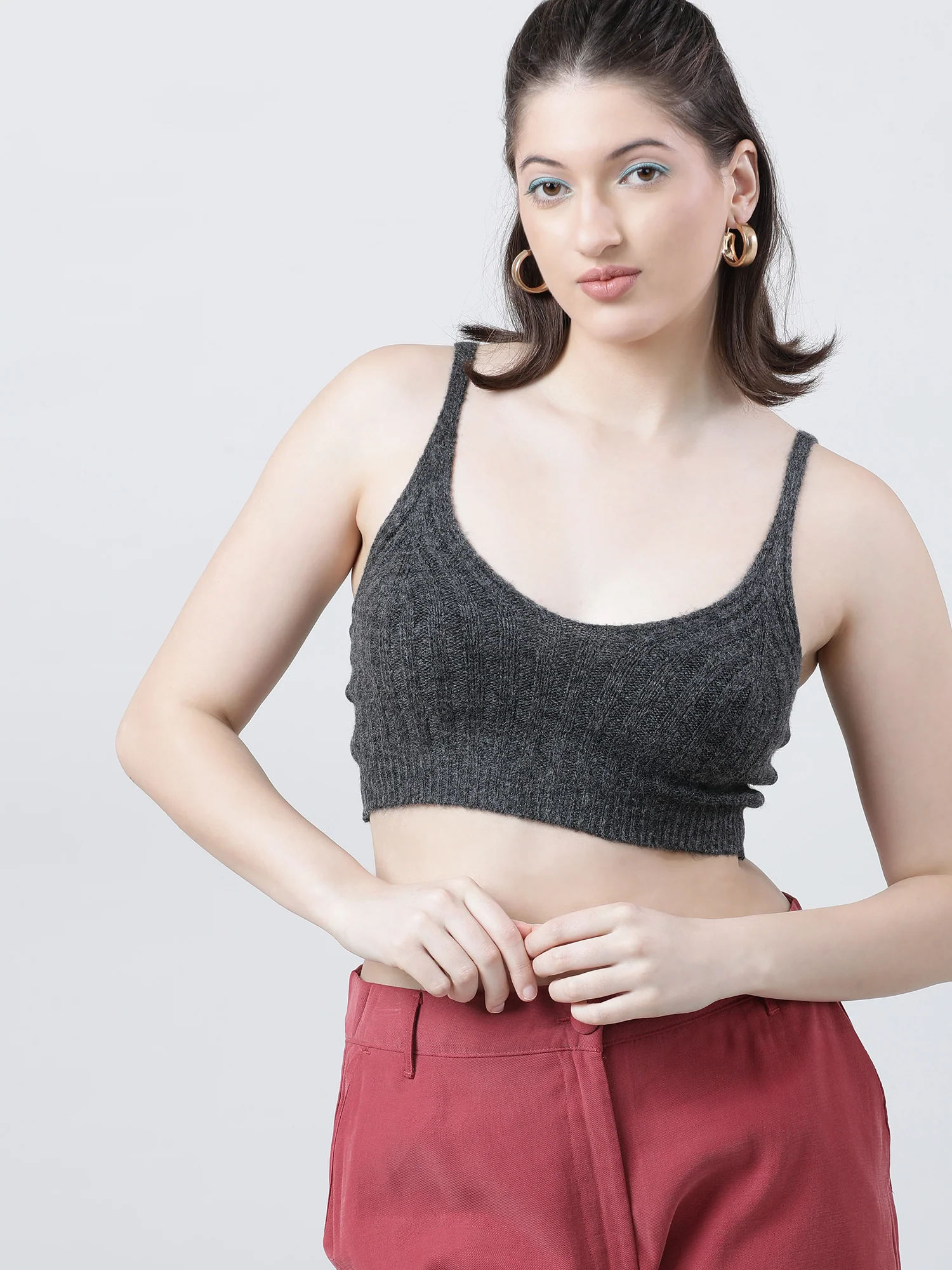 Women Slim Fit Light Dark Grey Ribbed Strappy Crop Top - Image 3