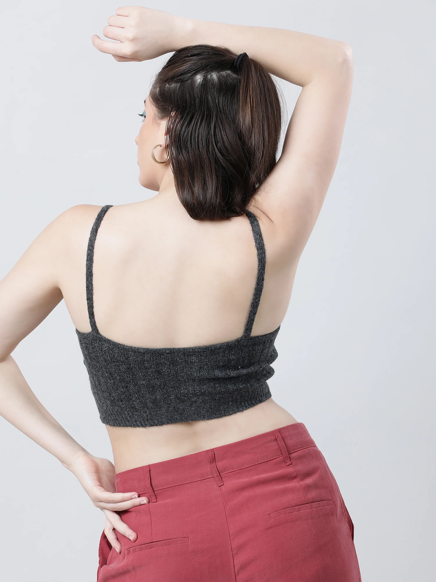 Women Slim Fit Light Dark Grey Ribbed Strappy Crop Top - Image 4