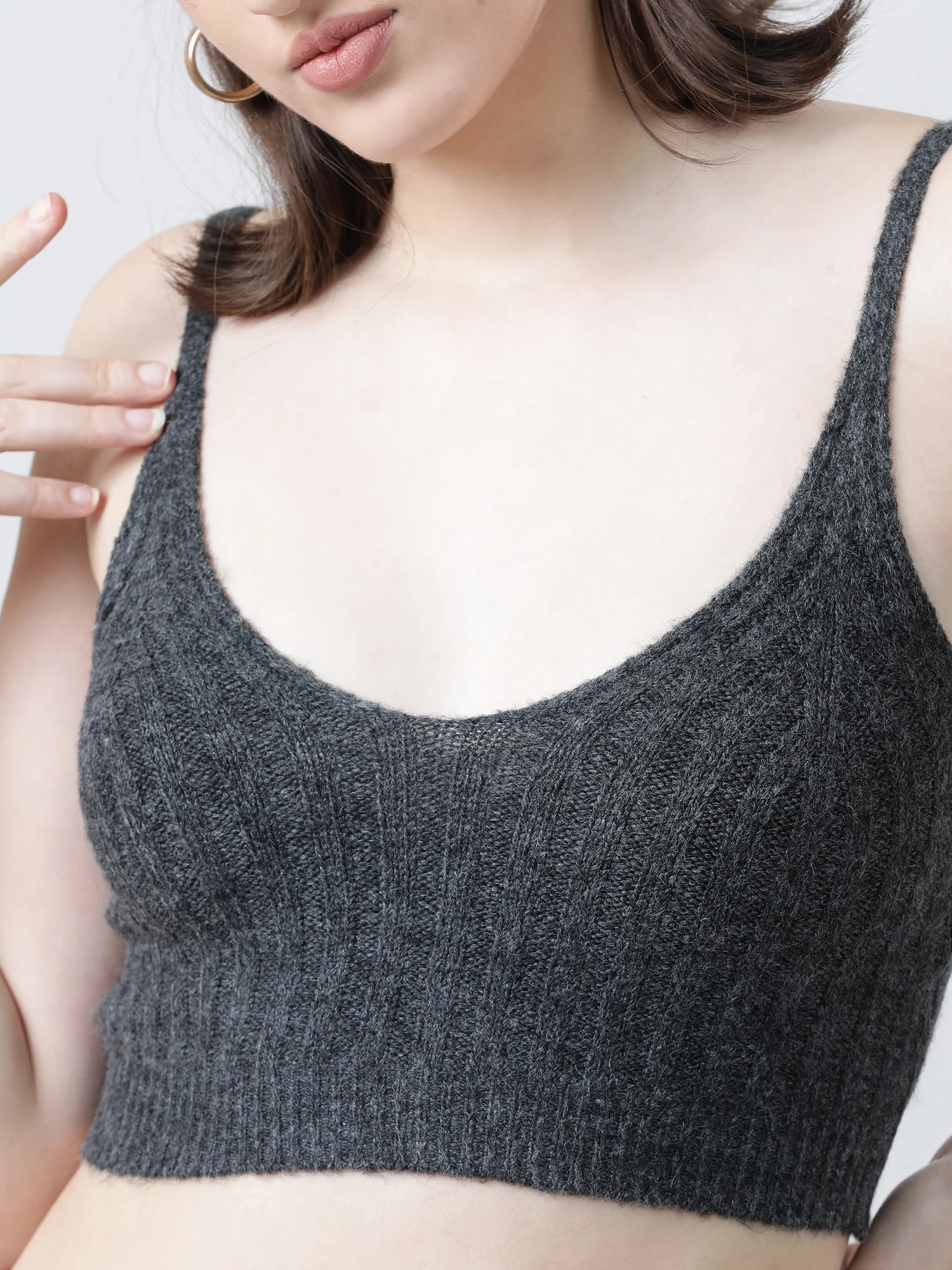 Women Slim Fit Light Dark Grey Ribbed Strappy Crop Top - Image 5