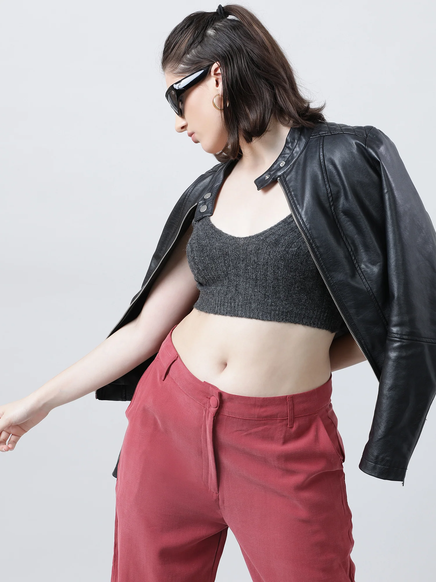 Women Slim Fit Light Dark Grey Ribbed Strappy Crop Top - Image 6
