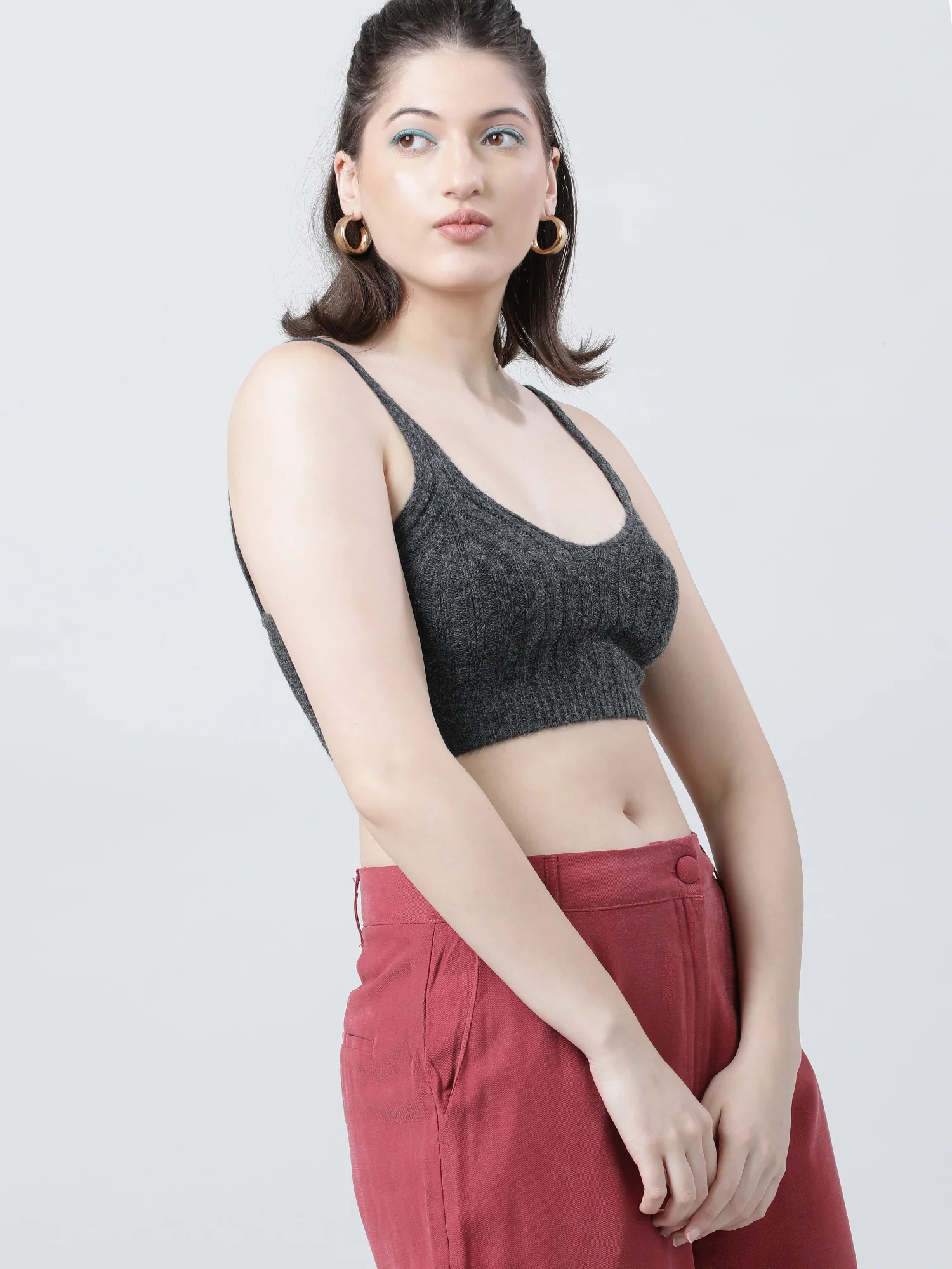 Women Slim Fit Light Dark Grey Ribbed Strappy Crop Top - Image 7