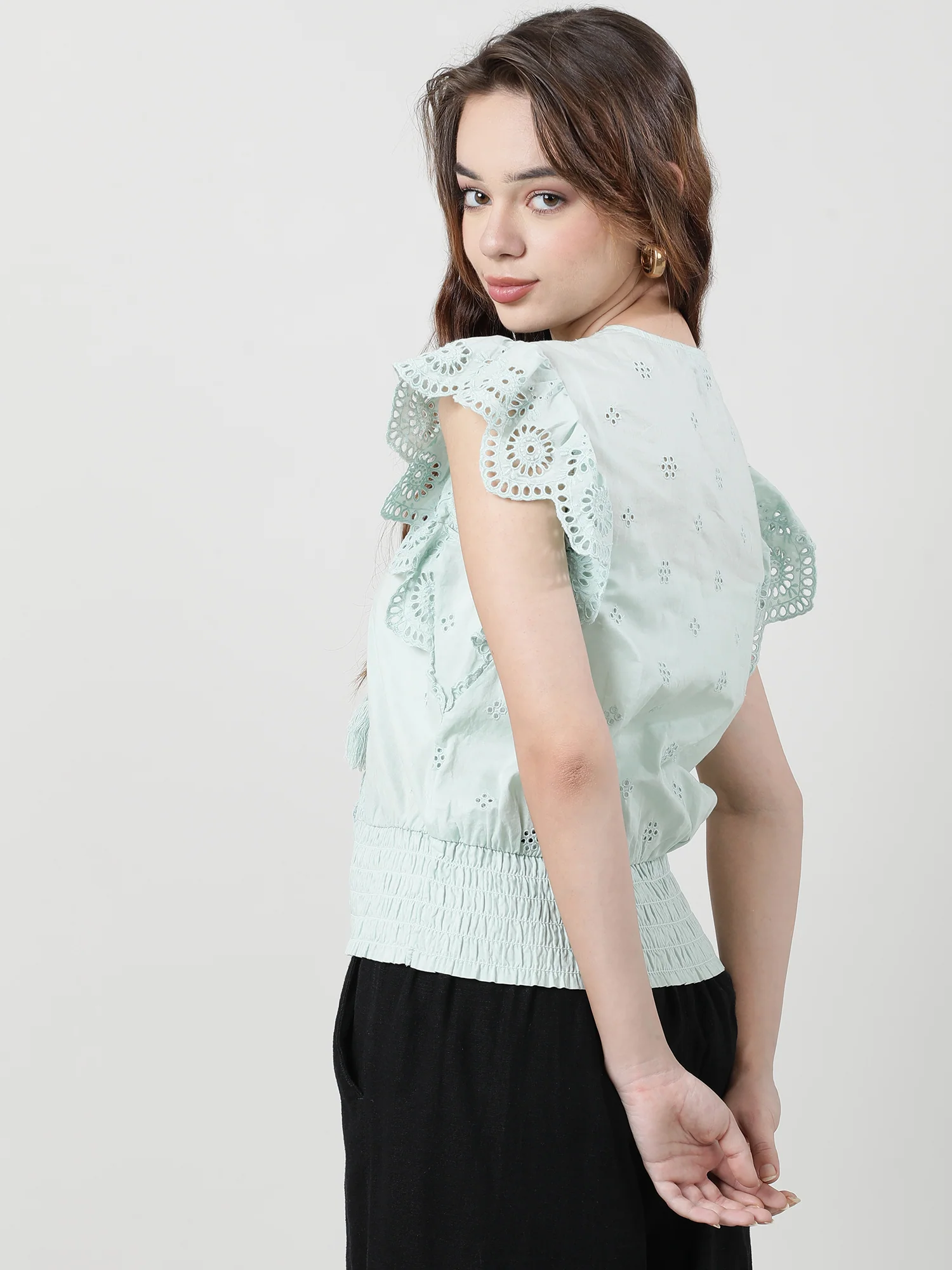 Women Slim Fit Light Green V Neck Schiffli Top - Image 6