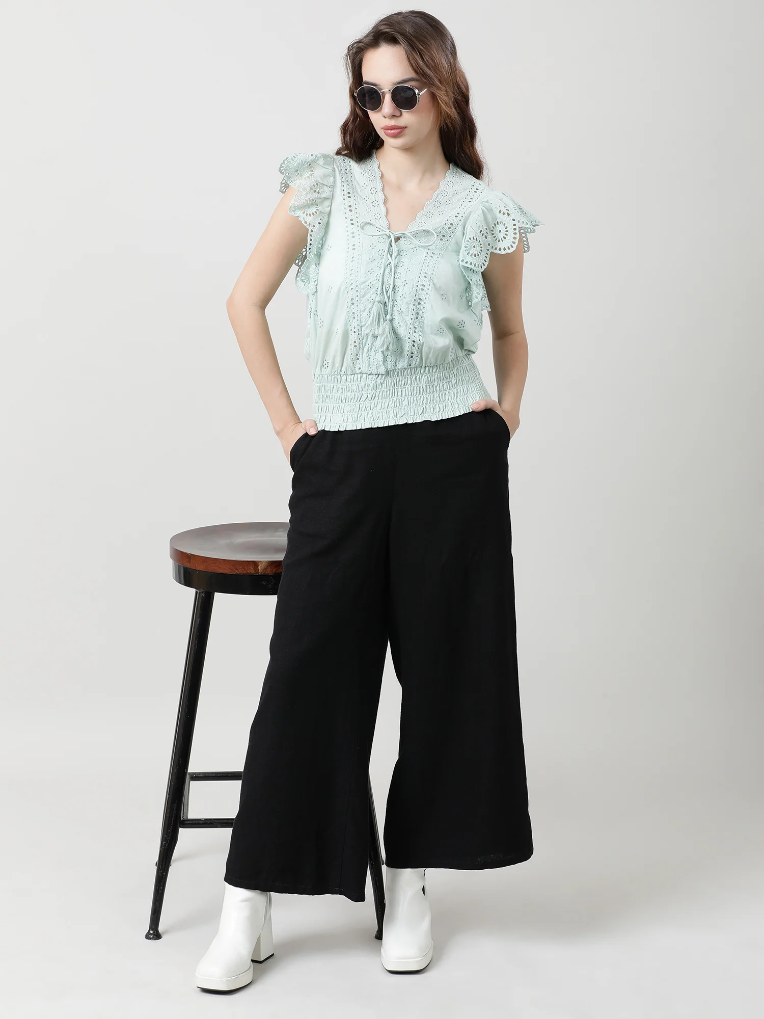 Women Slim Fit Light Green V Neck Schiffli Top - Image 7