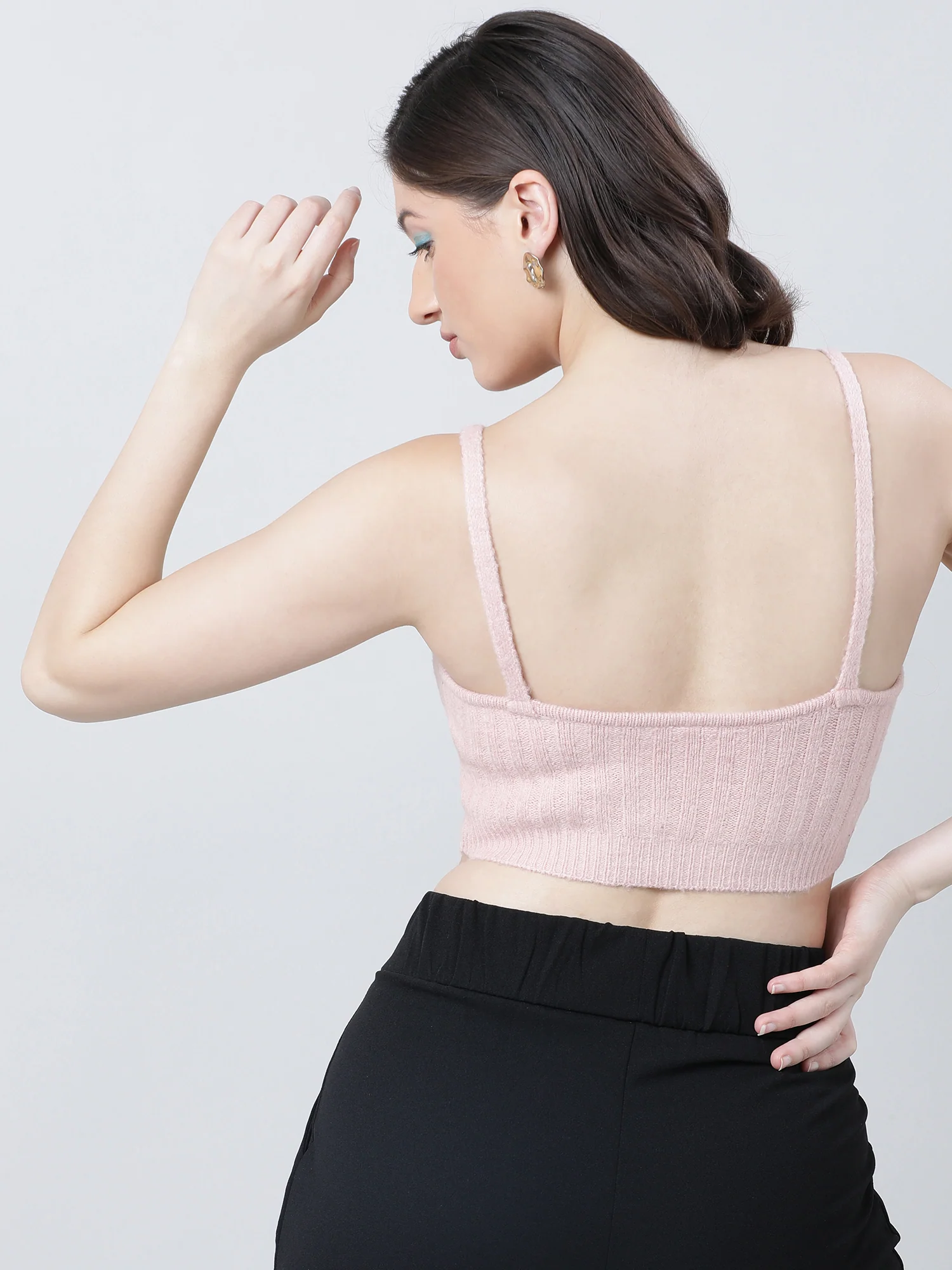 Women Slim Fit Light Pink Ribbed Strappy Crop Top - Image 2
