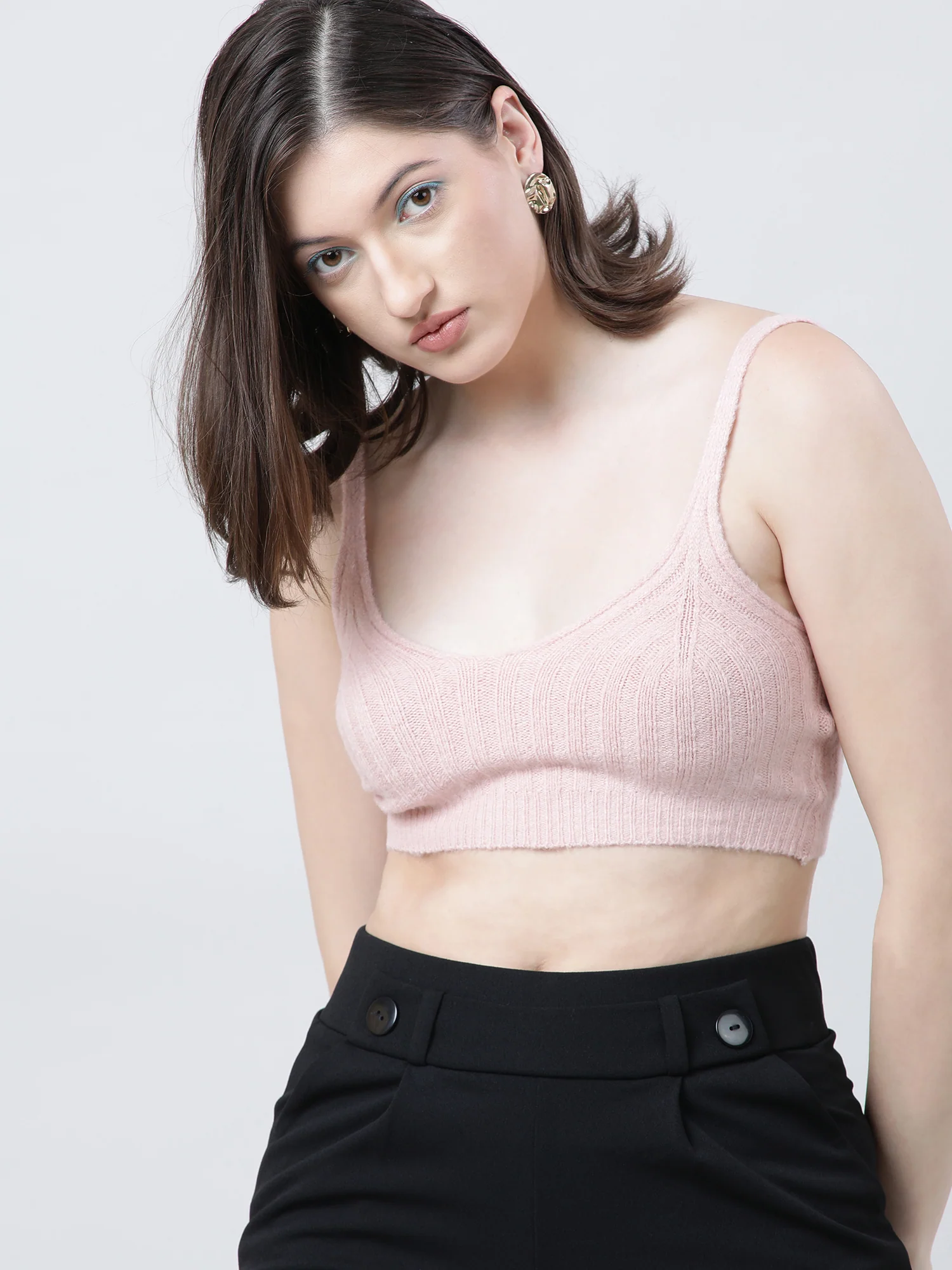 Women Slim Fit Light Pink Ribbed Strappy Crop Top - Image 4