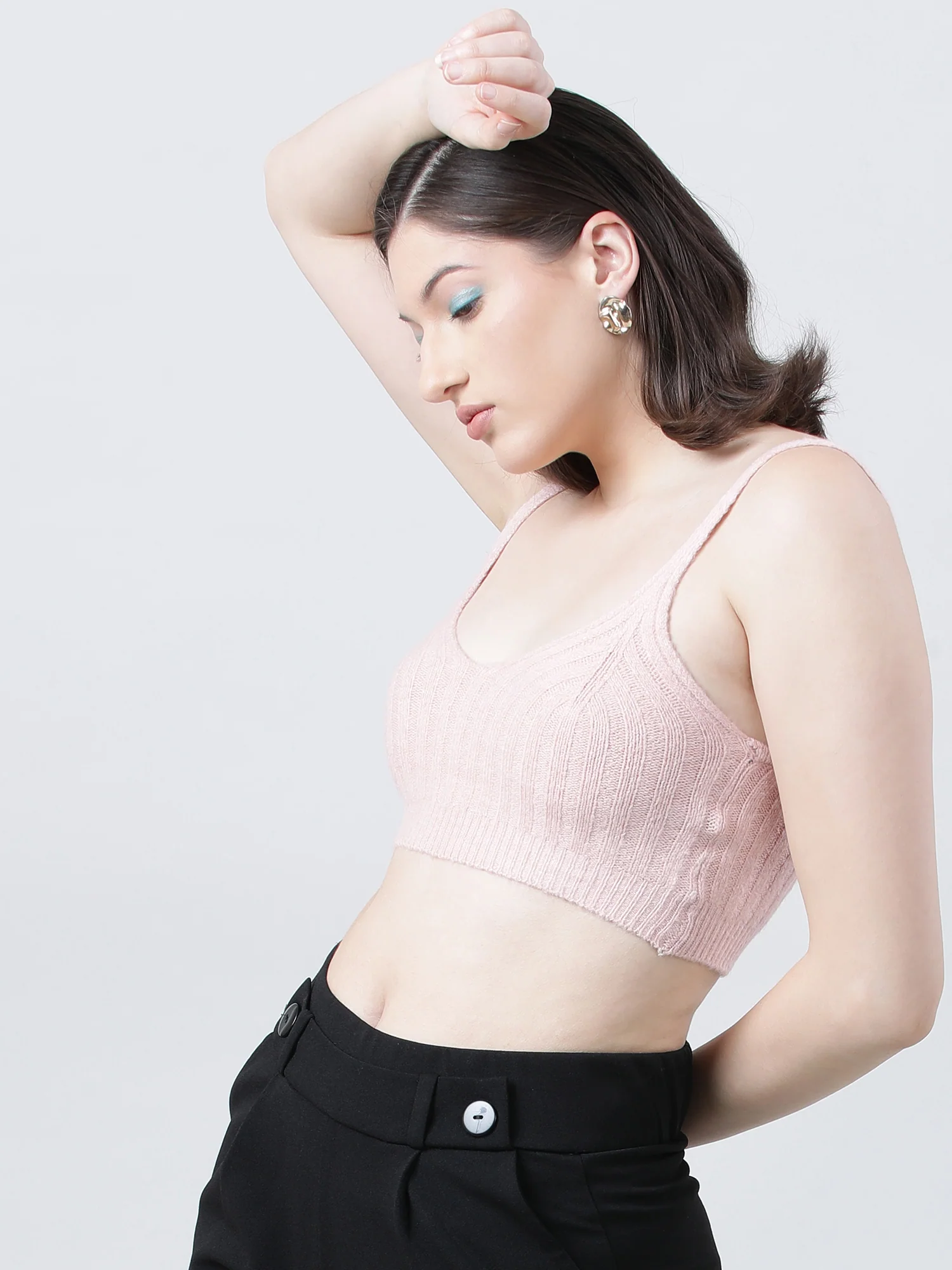 Women Slim Fit Light Pink Ribbed Strappy Crop Top - Image 5