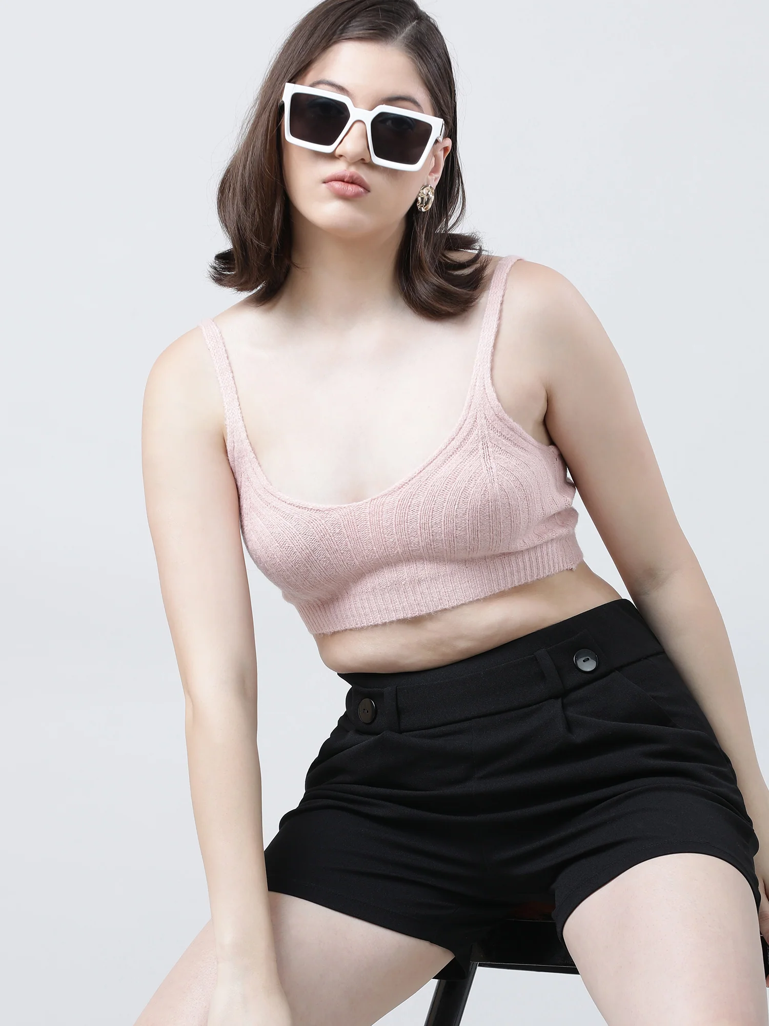 Women Slim Fit Light Pink Ribbed Strappy Crop Top - Image 6