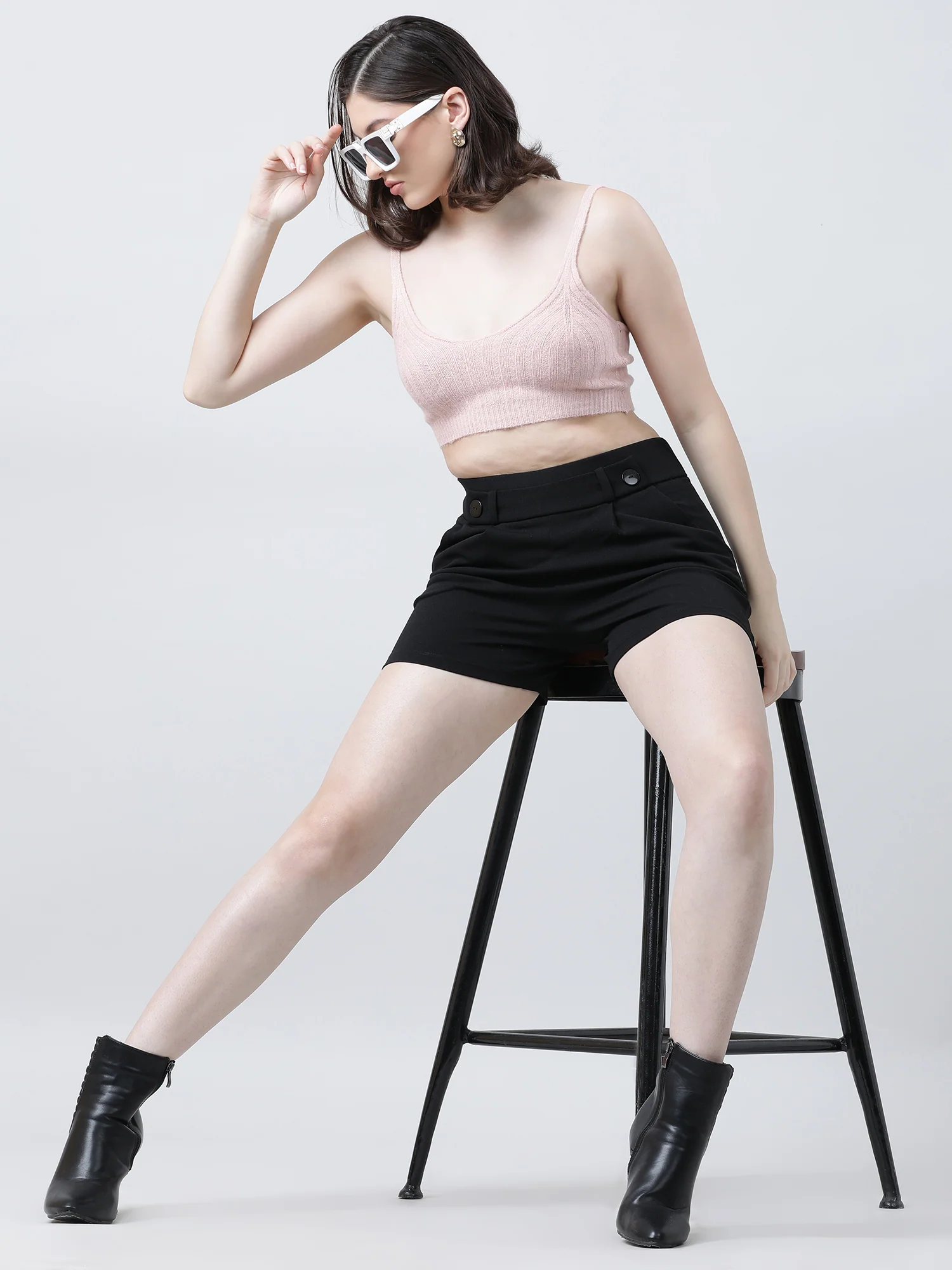 Women Slim Fit Light Pink Ribbed Strappy Crop Top - Image 7