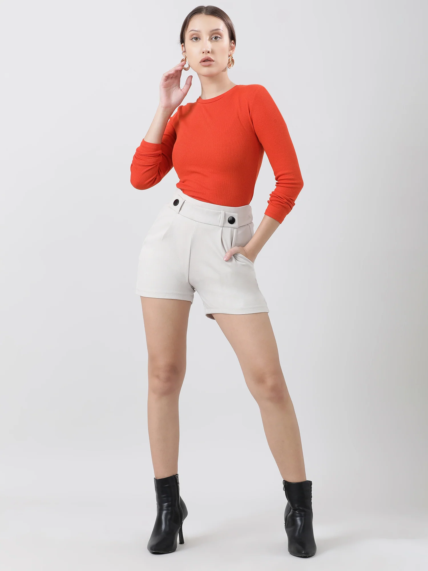 Women Slim Fit Orange Ribbed Bodysuit With Full Sleeves - Image 3