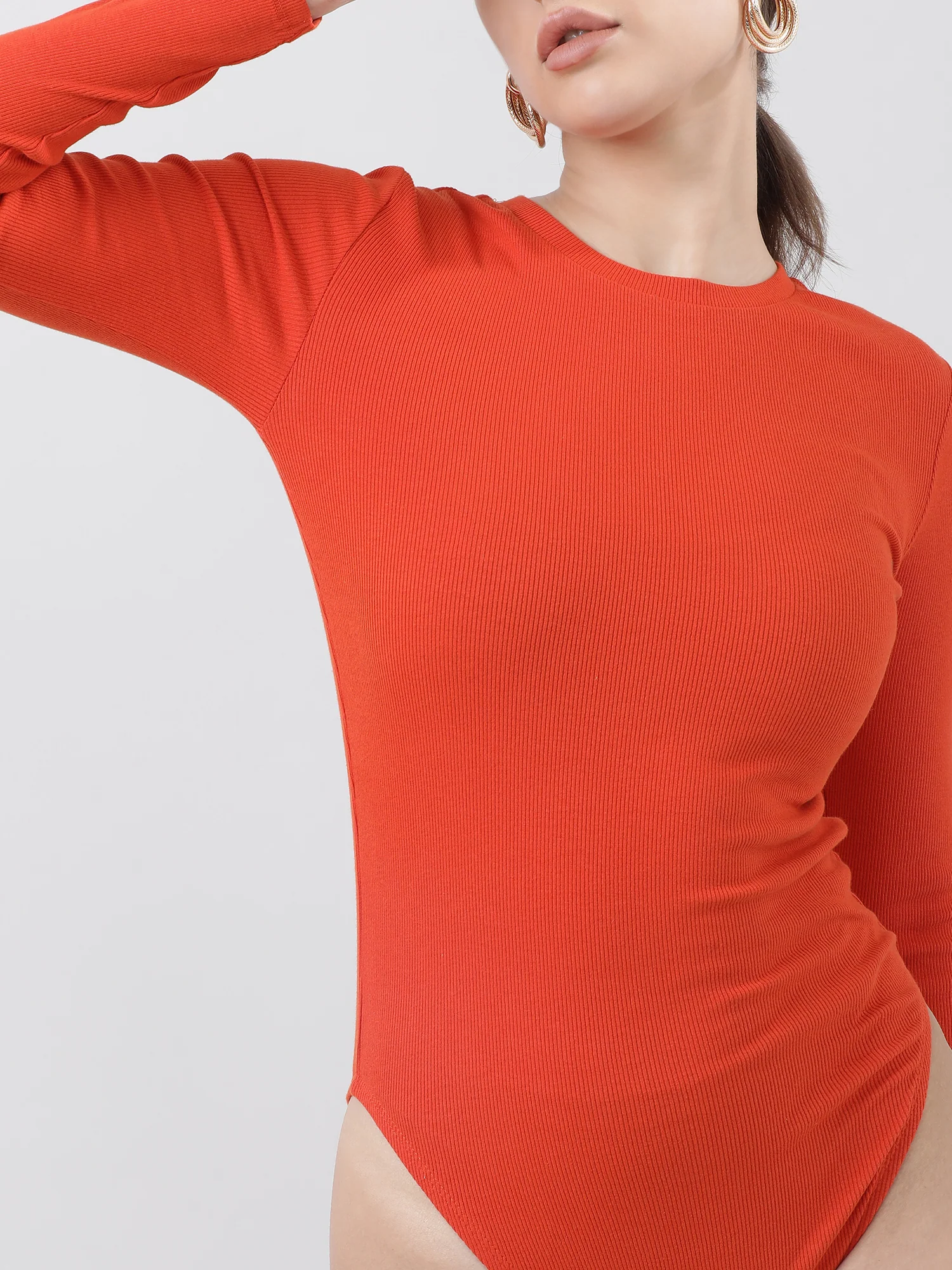 Women Slim Fit Orange Ribbed Bodysuit With Full Sleeves - Image 7