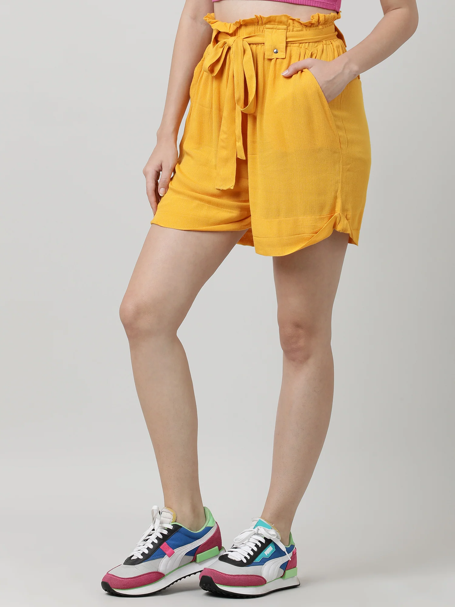 Women Slim Fit Yellow Paper Bag Shorts With Belt - Image 3