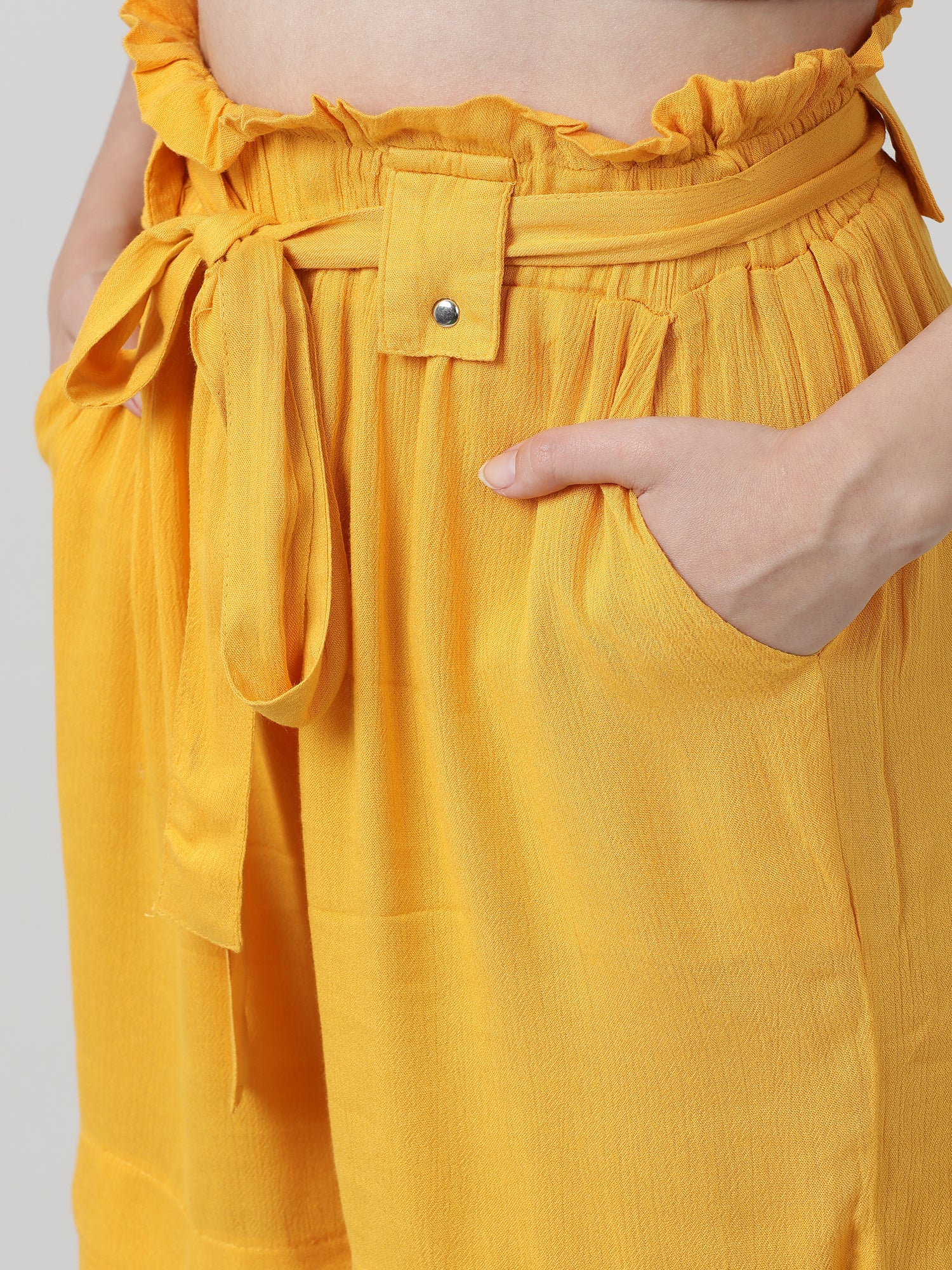 Women Slim Fit Yellow Paper Bag Shorts With Belt - Image 5