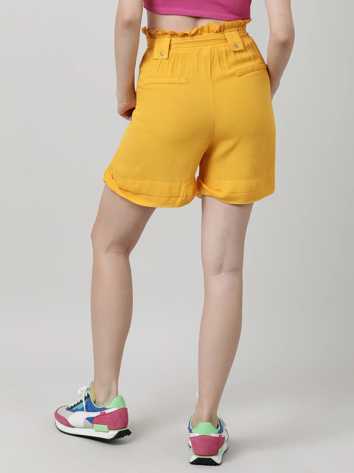 Women Slim Fit Yellow Paper Bag Shorts With Belt - Image 6