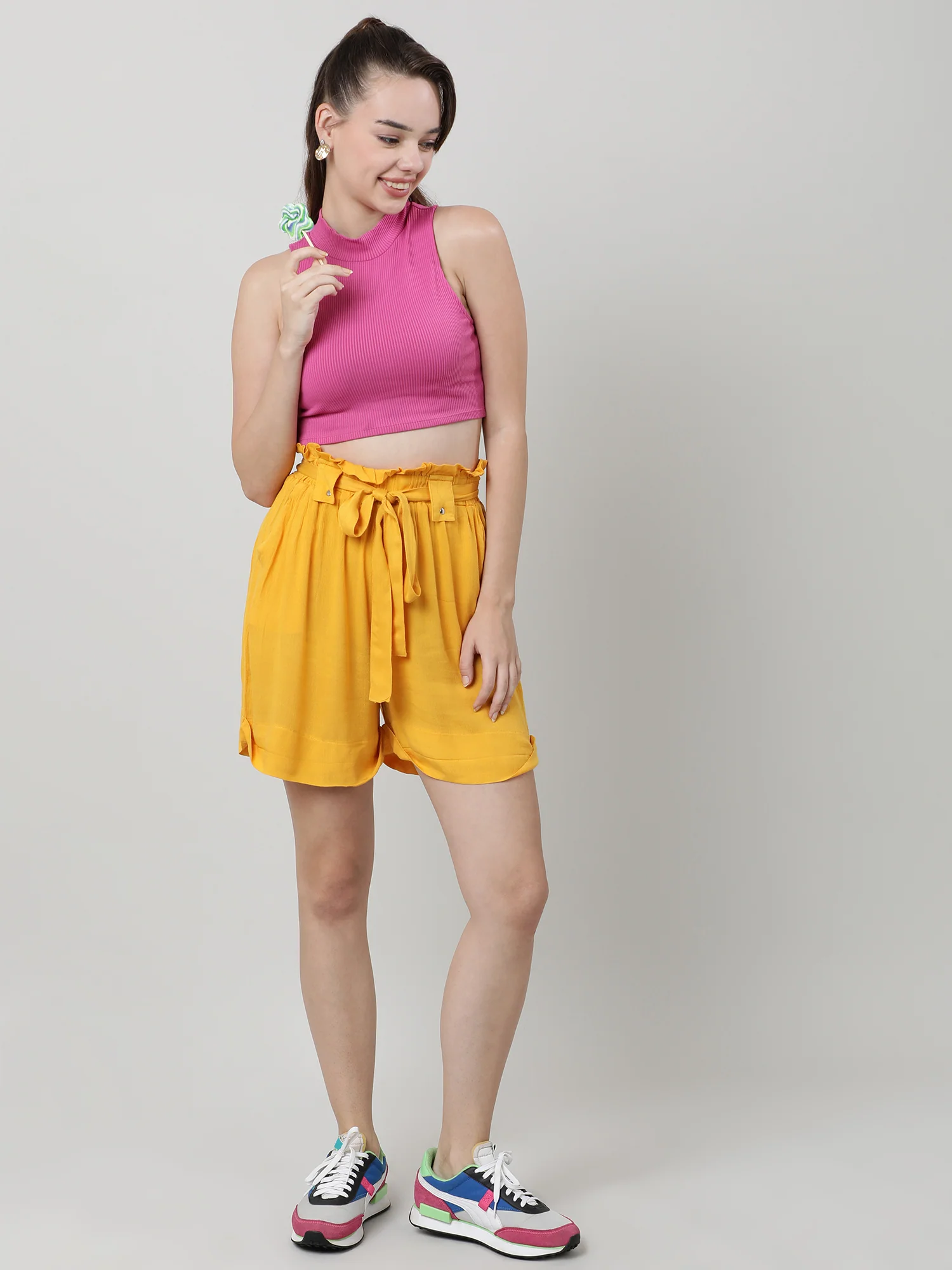 Women Slim Fit Yellow Paper Bag Shorts With Belt - Image 7