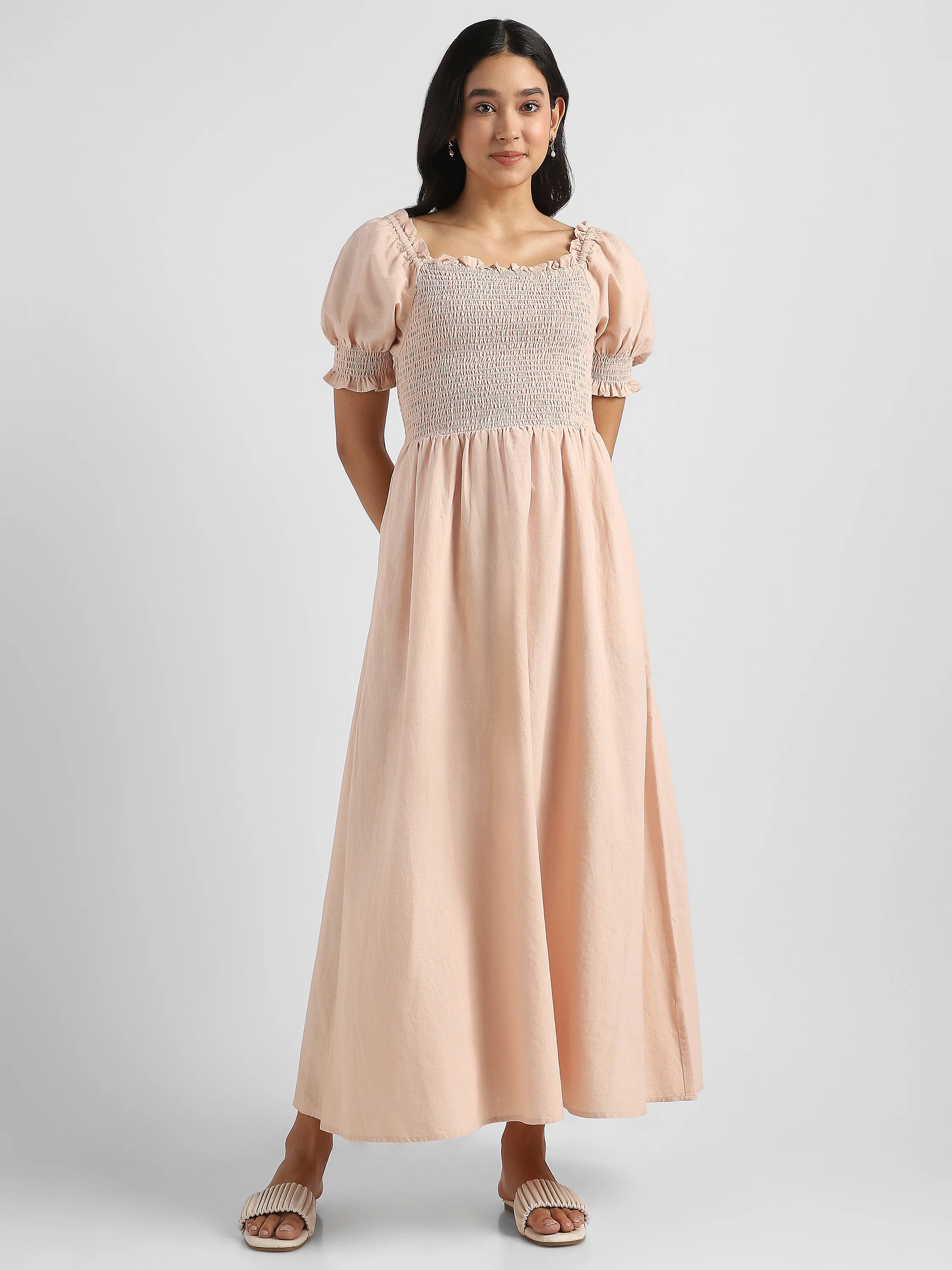 Women Solid Peach Baloon Sleeve Maxi Dress - Image 2