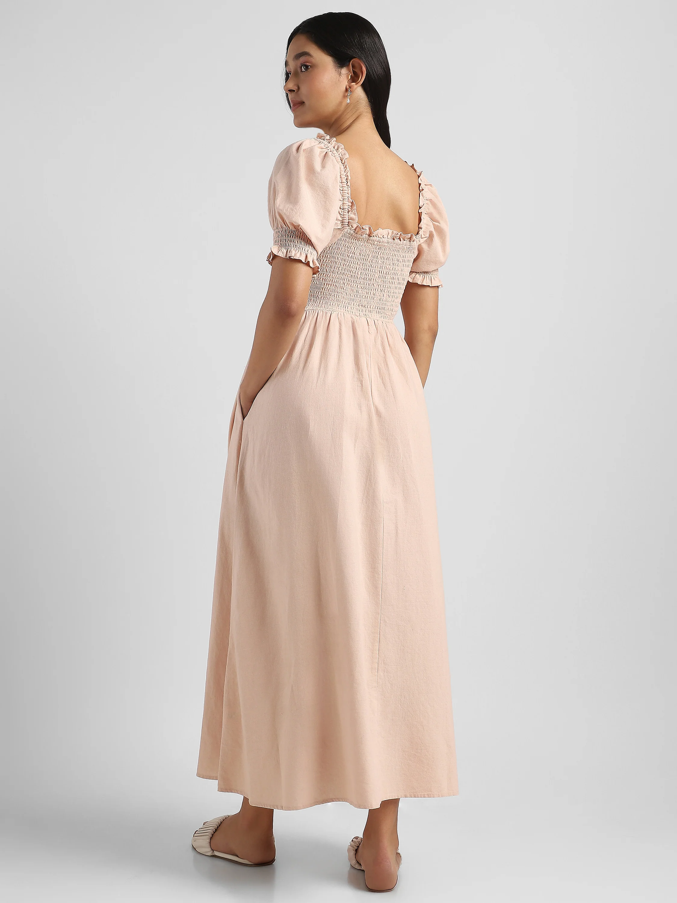 Women Solid Peach Baloon Sleeve Maxi Dress - Image 3