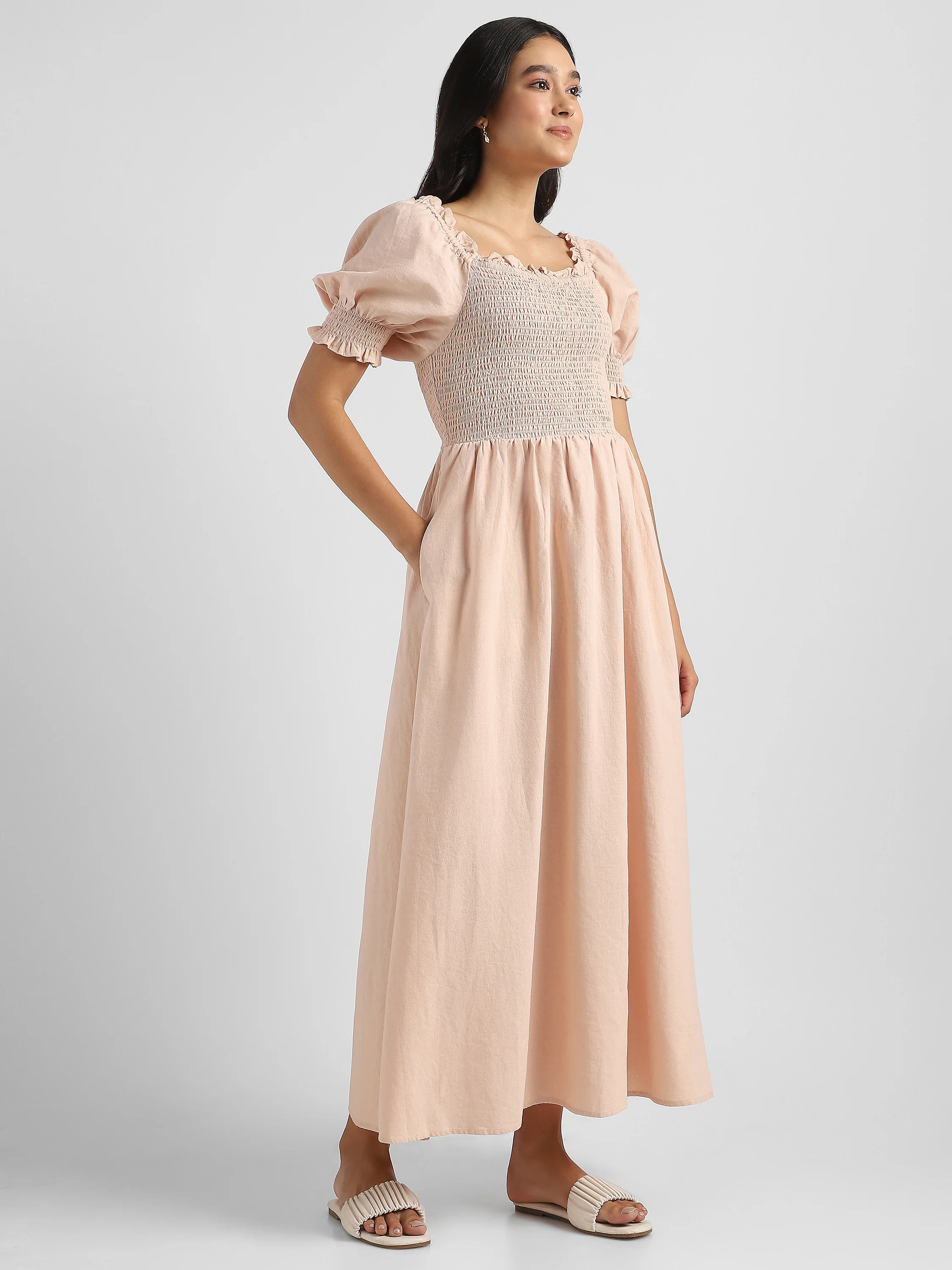 Women Solid Peach Baloon Sleeve Maxi Dress - Image 4