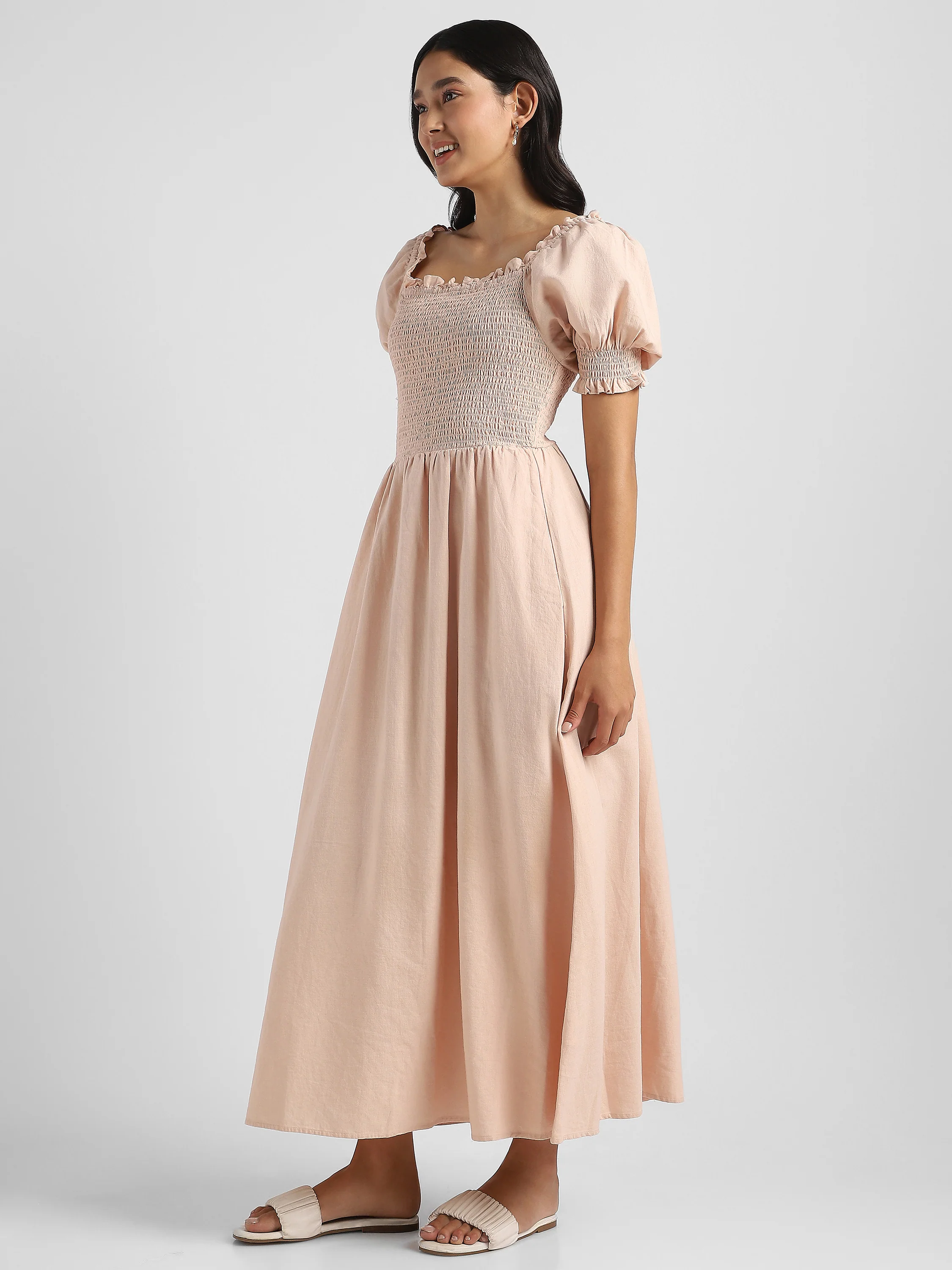 Women Solid Peach Baloon Sleeve Maxi Dress - Image 5