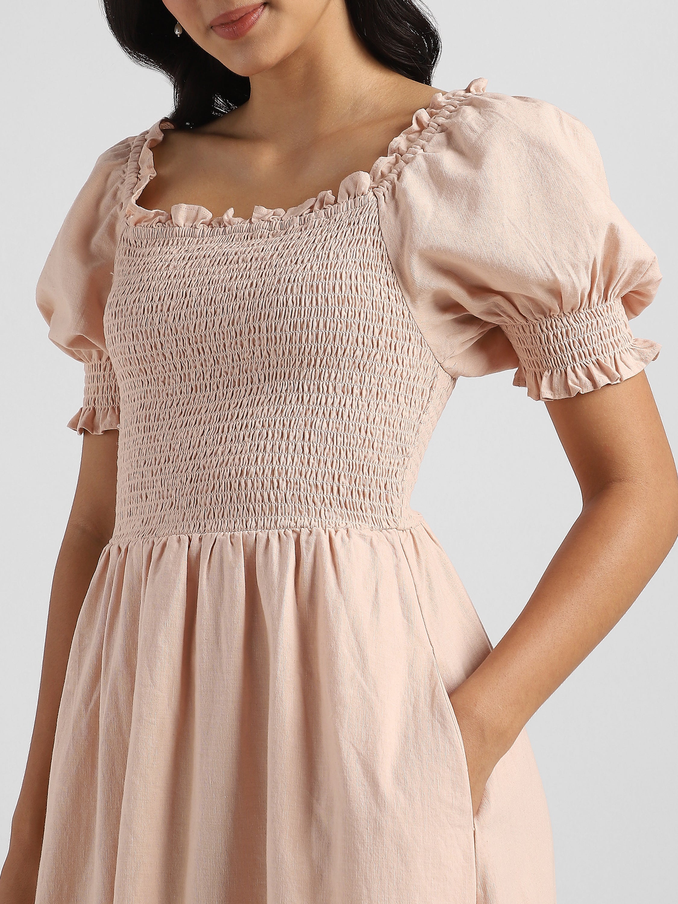 Women Solid Peach Baloon Sleeve Maxi Dress - Image 6