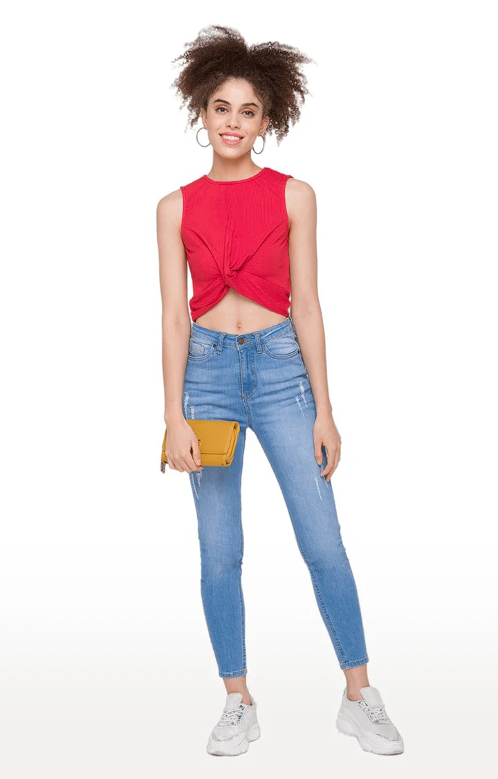 Women Ribbed Pink Crop Top - Image 2