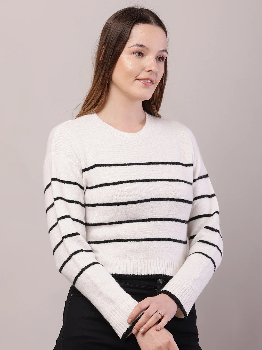 Women Striped Acrylic Crew Neck Full Sleeve Sweater - Image 2