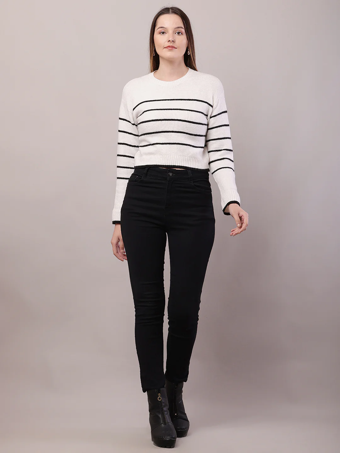 Women Striped Acrylic Crew Neck Full Sleeve Sweater - Image 3