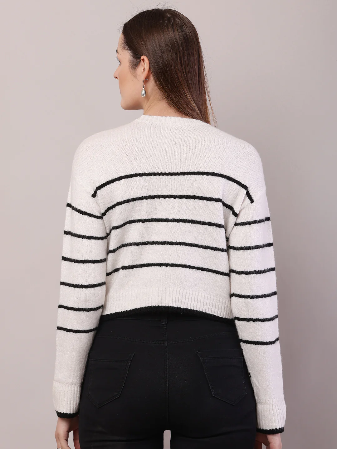 Women Striped Acrylic Crew Neck Full Sleeve Sweater - Image 4