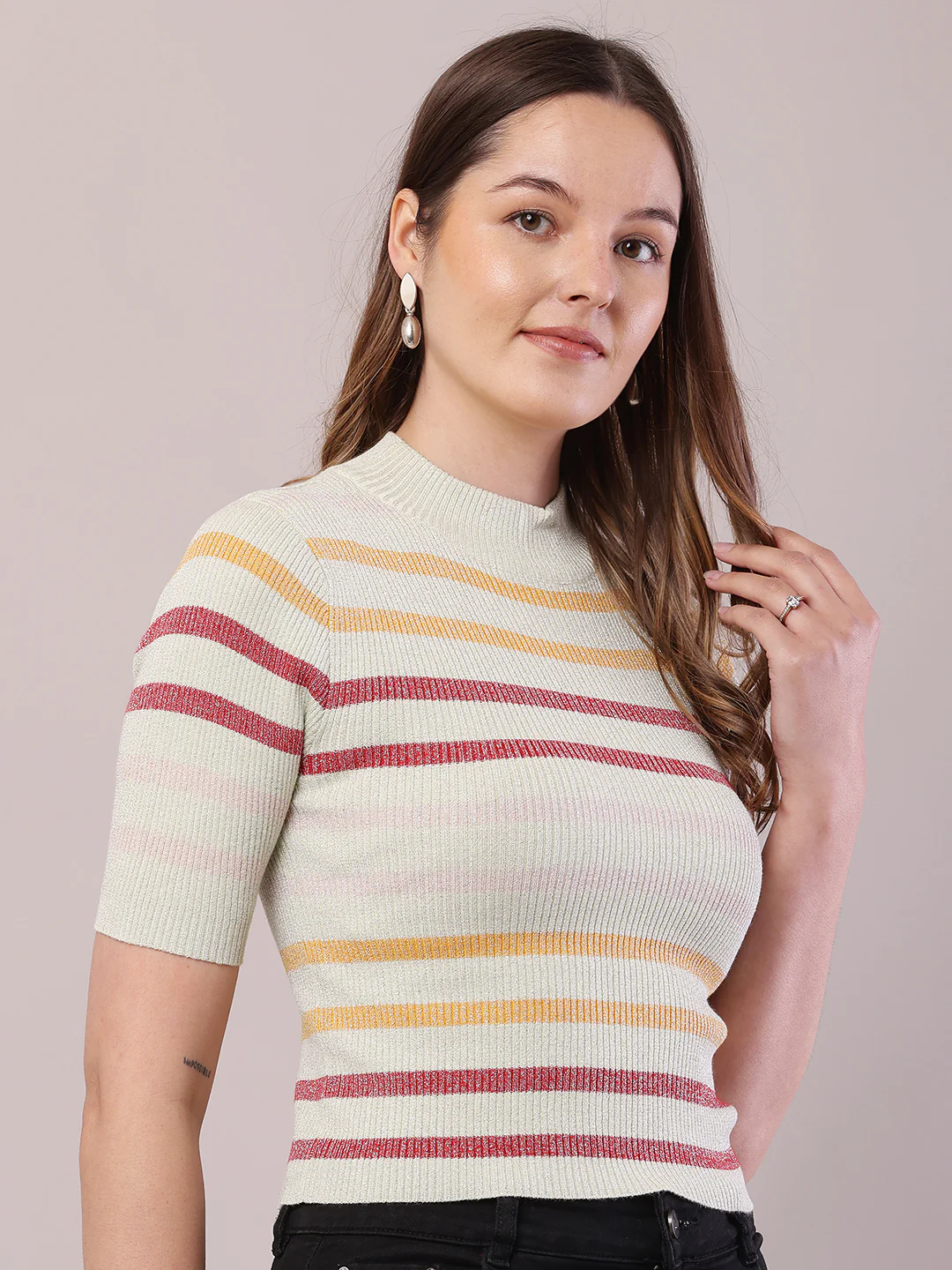 Women Striped Viscose Short Sleeve Turtle Neck Top - Image 2