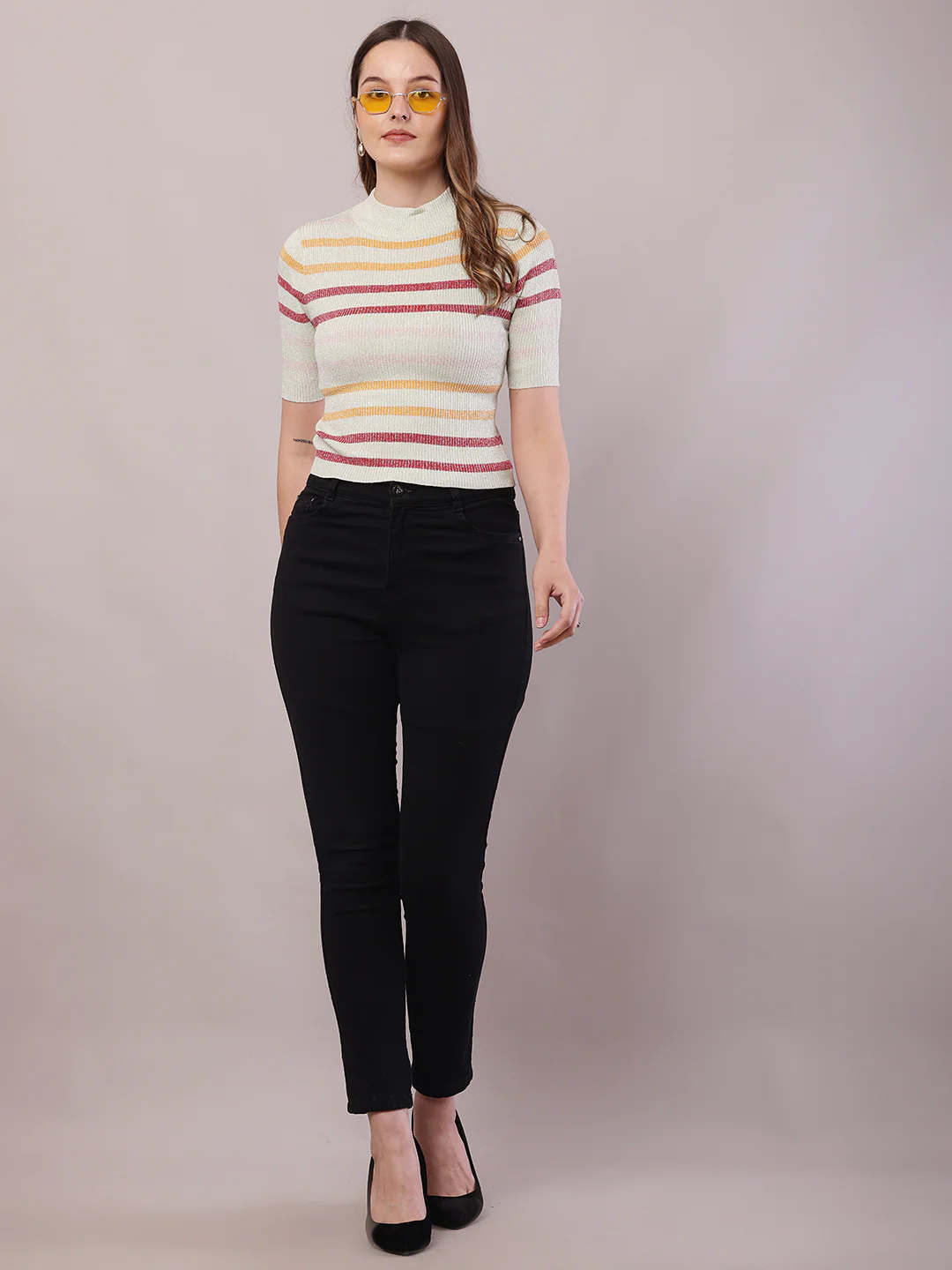 Women Striped Viscose Short Sleeve Turtle Neck Top - Image 3