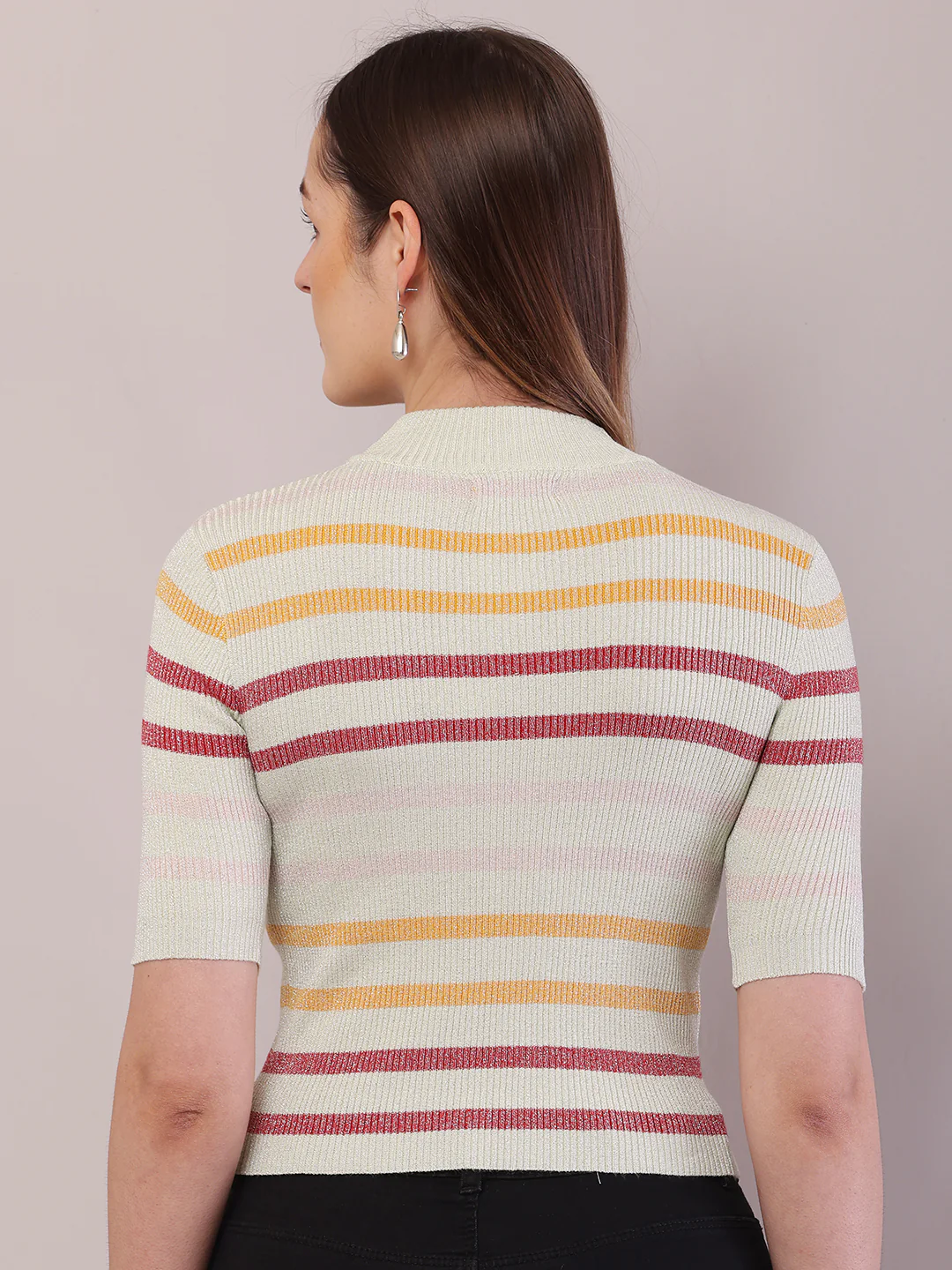 Women Striped Viscose Short Sleeve Turtle Neck Top - Image 4