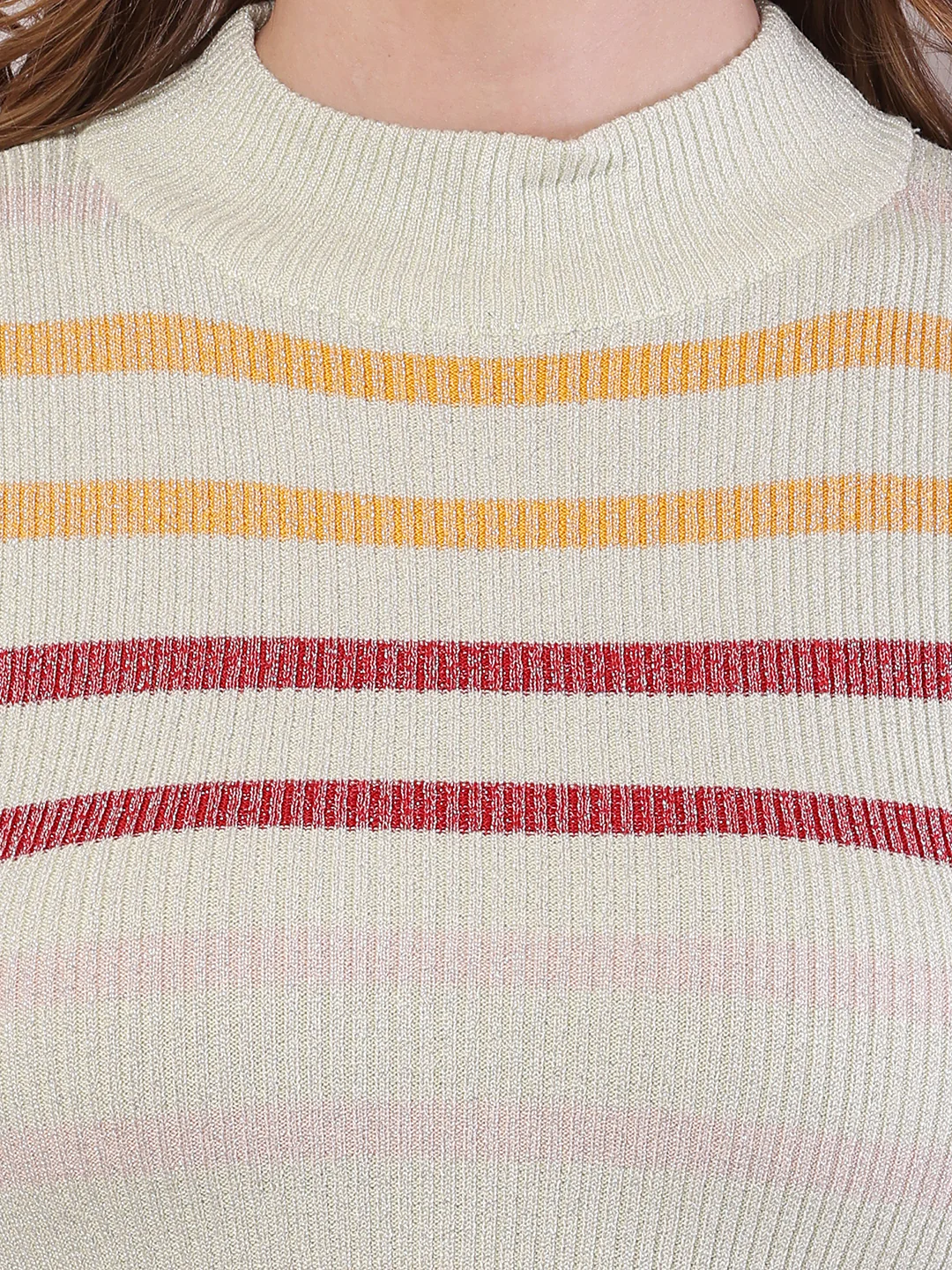 Women Striped Viscose Short Sleeve Turtle Neck Top - Image 5