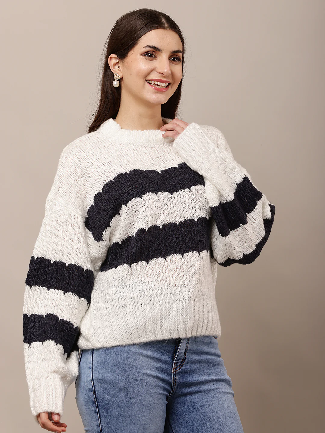 Women Striped White & Black Full Sleeve Sweater - Image 2