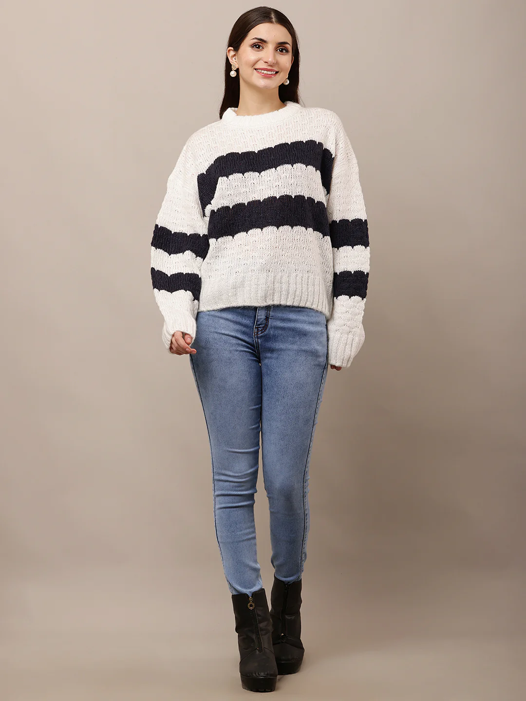 Women Striped White & Black Full Sleeve Sweater - Image 3
