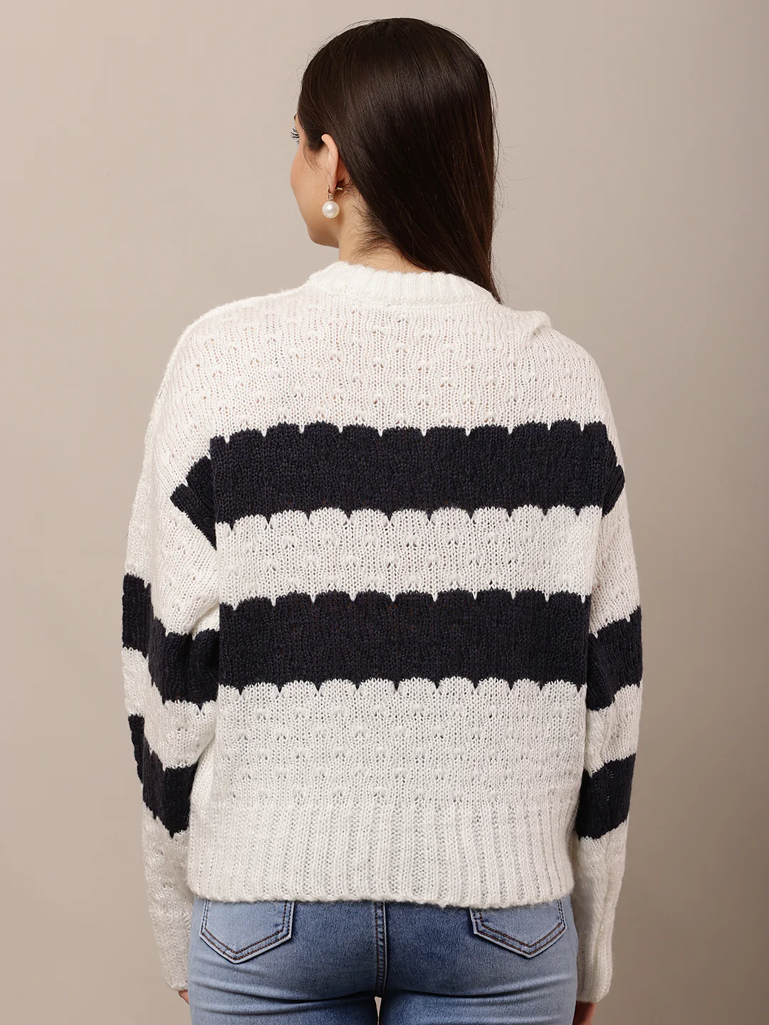 Women Striped White & Black Full Sleeve Sweater - Image 4