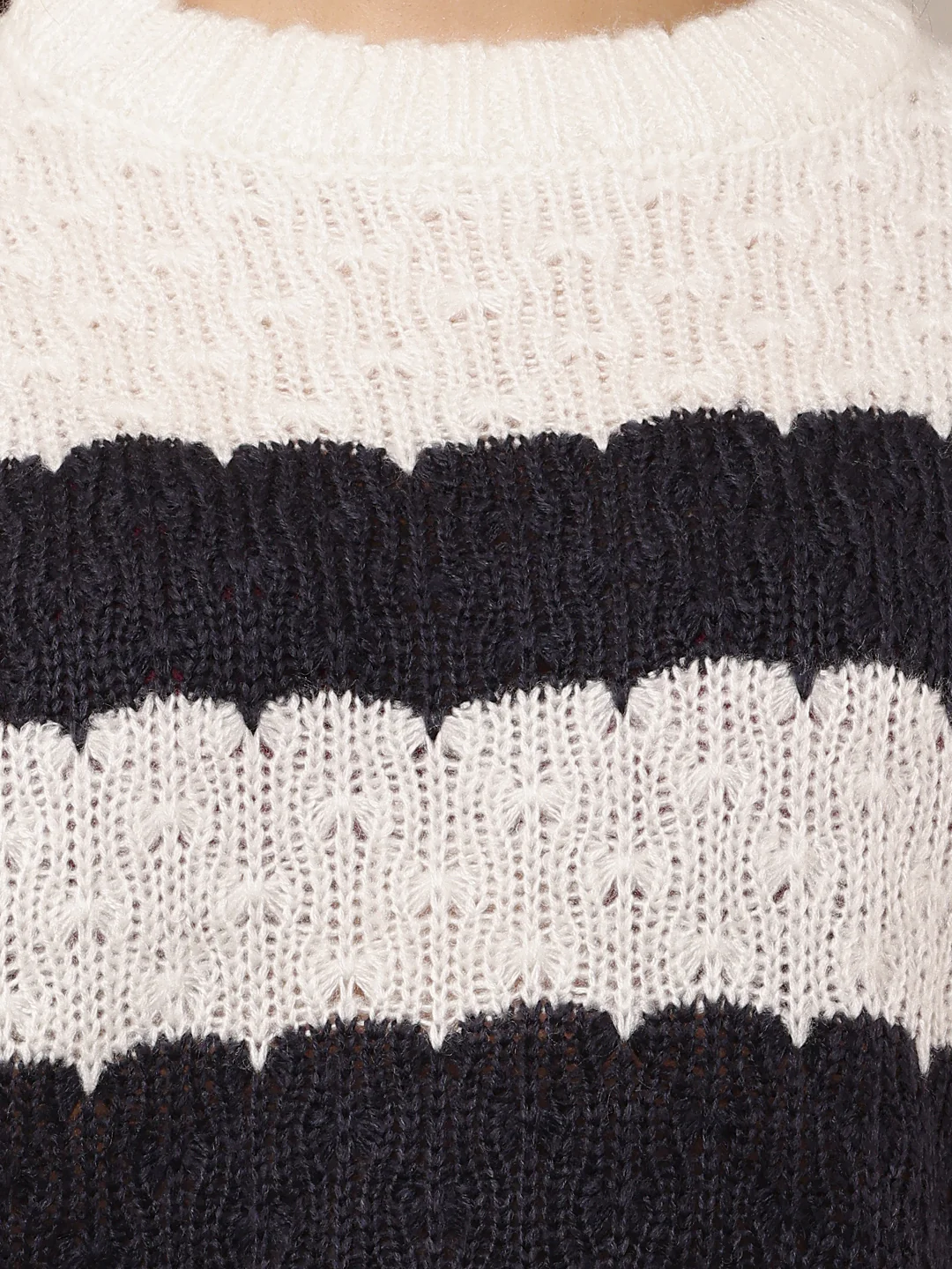 Women Striped White & Black Full Sleeve Sweater - Image 5