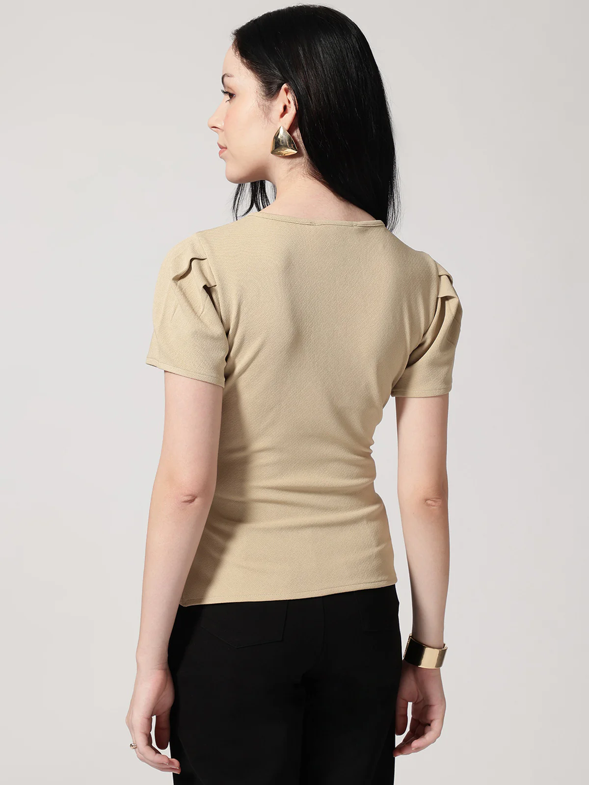Women Beige Solid Asymmetric Wrap-Style Top - Image 3