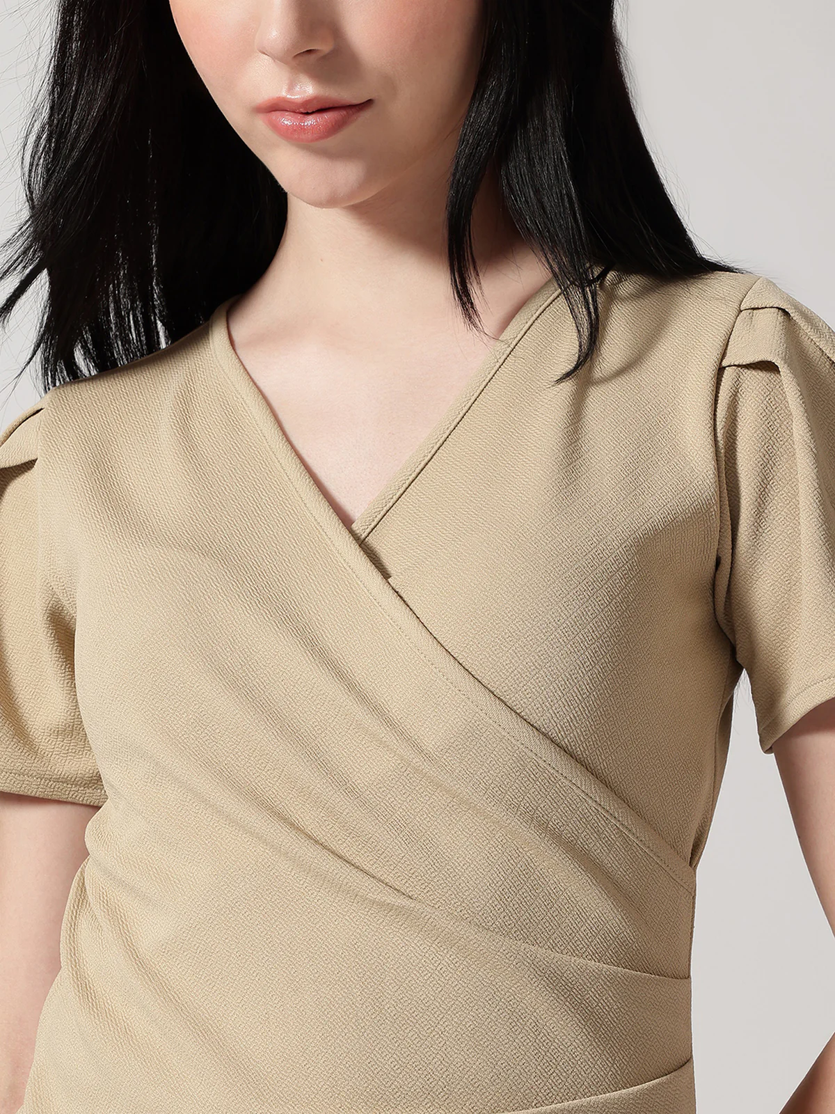 Women Beige Solid Asymmetric Wrap-Style Top - Image 6