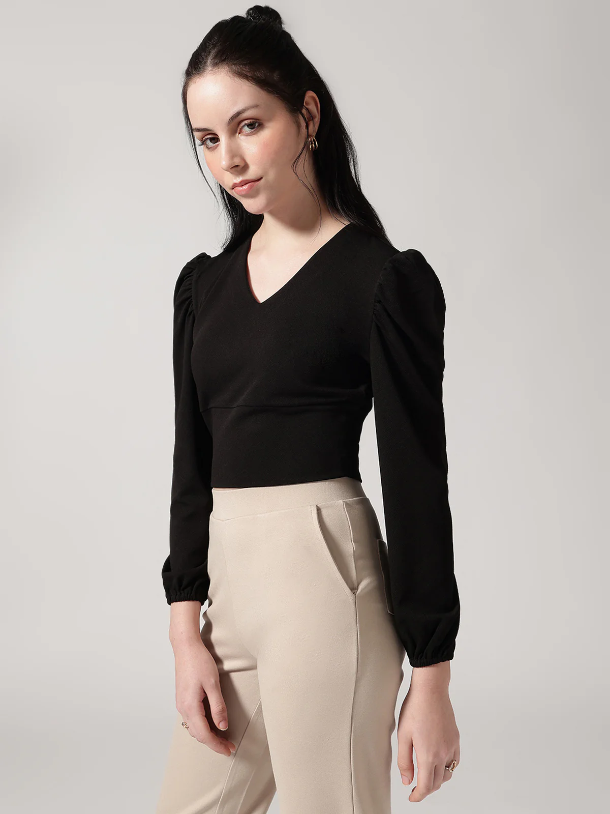 Women Black Solid V-Neck Top - Image 2