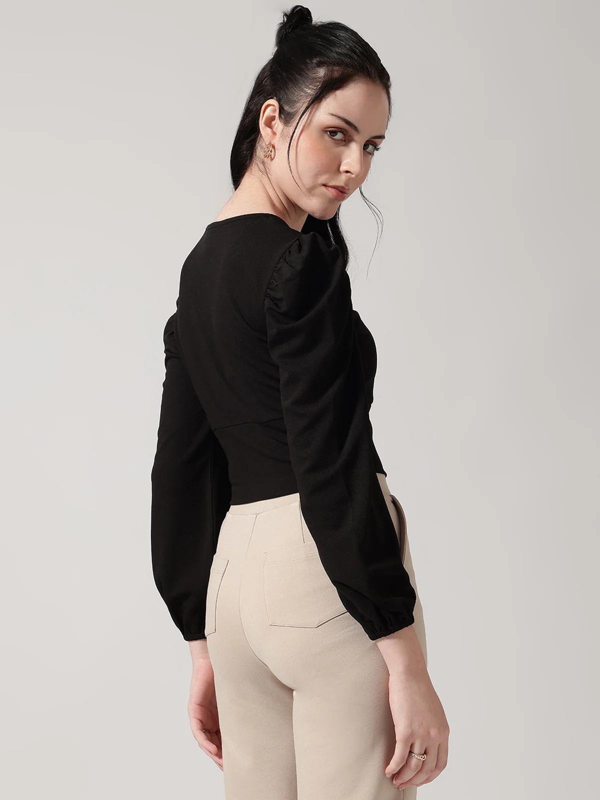 Women Black Solid V-Neck Top - Image 3