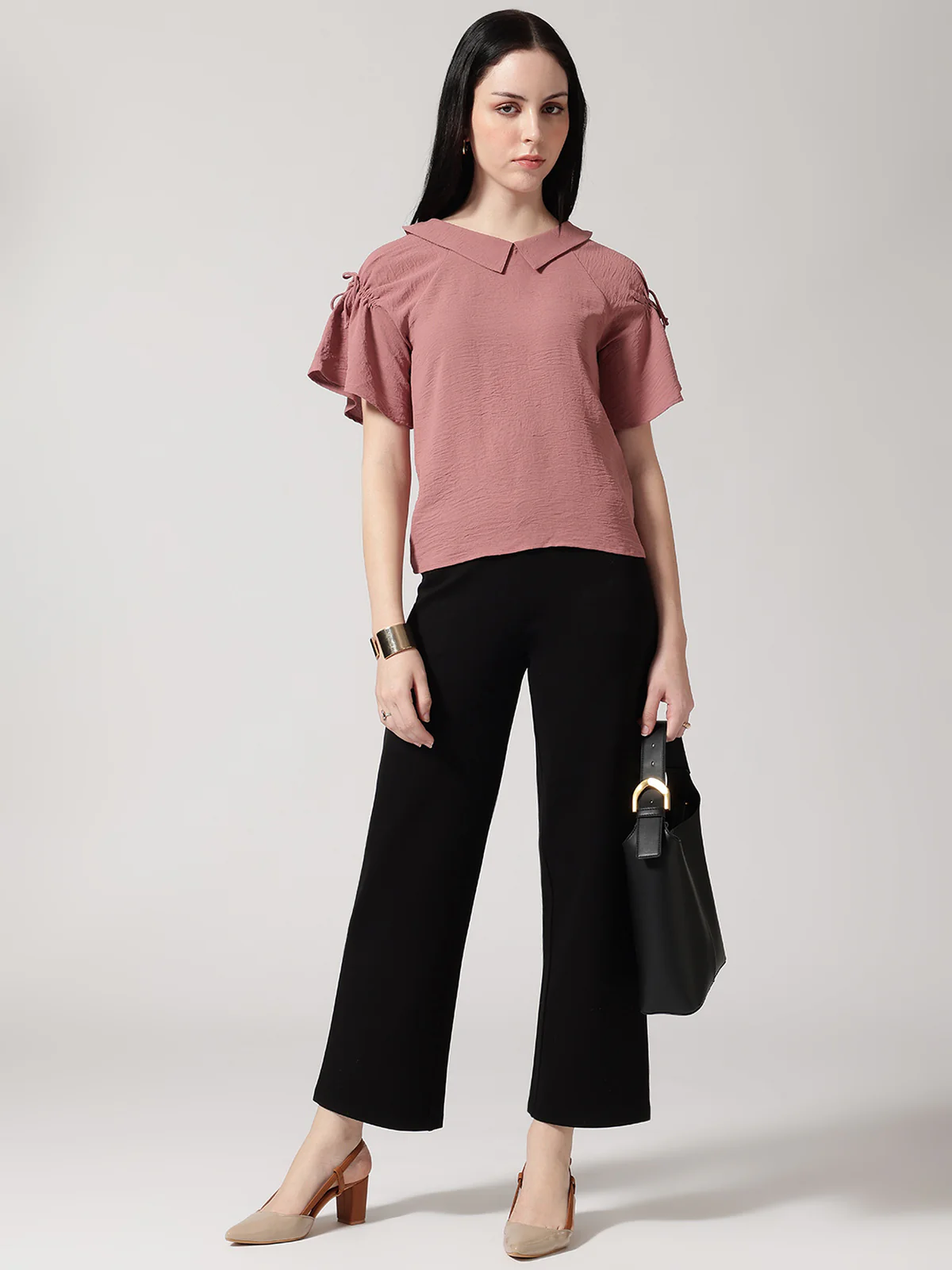 Women Mauve Solid Peter Pan Collar Top - Image 6