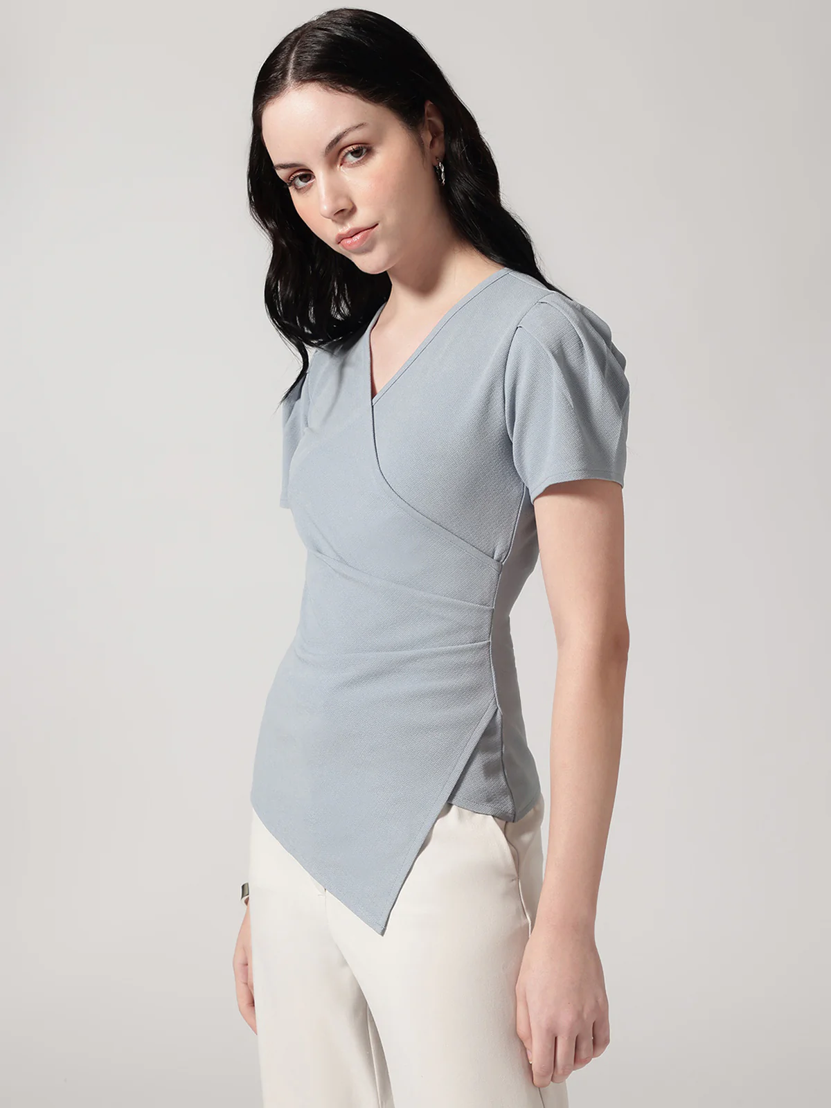Women Grey Solid Asymmetric Wrap-Style Top - Image 2